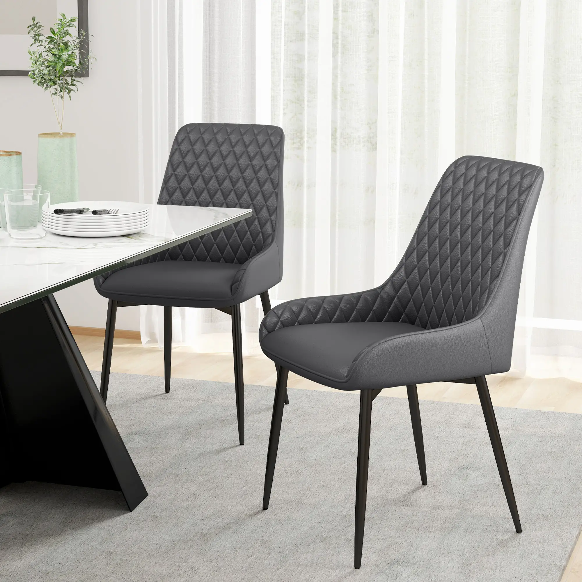 Modern Dining Chairs Set of 2, PU Leather, Metal Legs, Grey - Image 2
