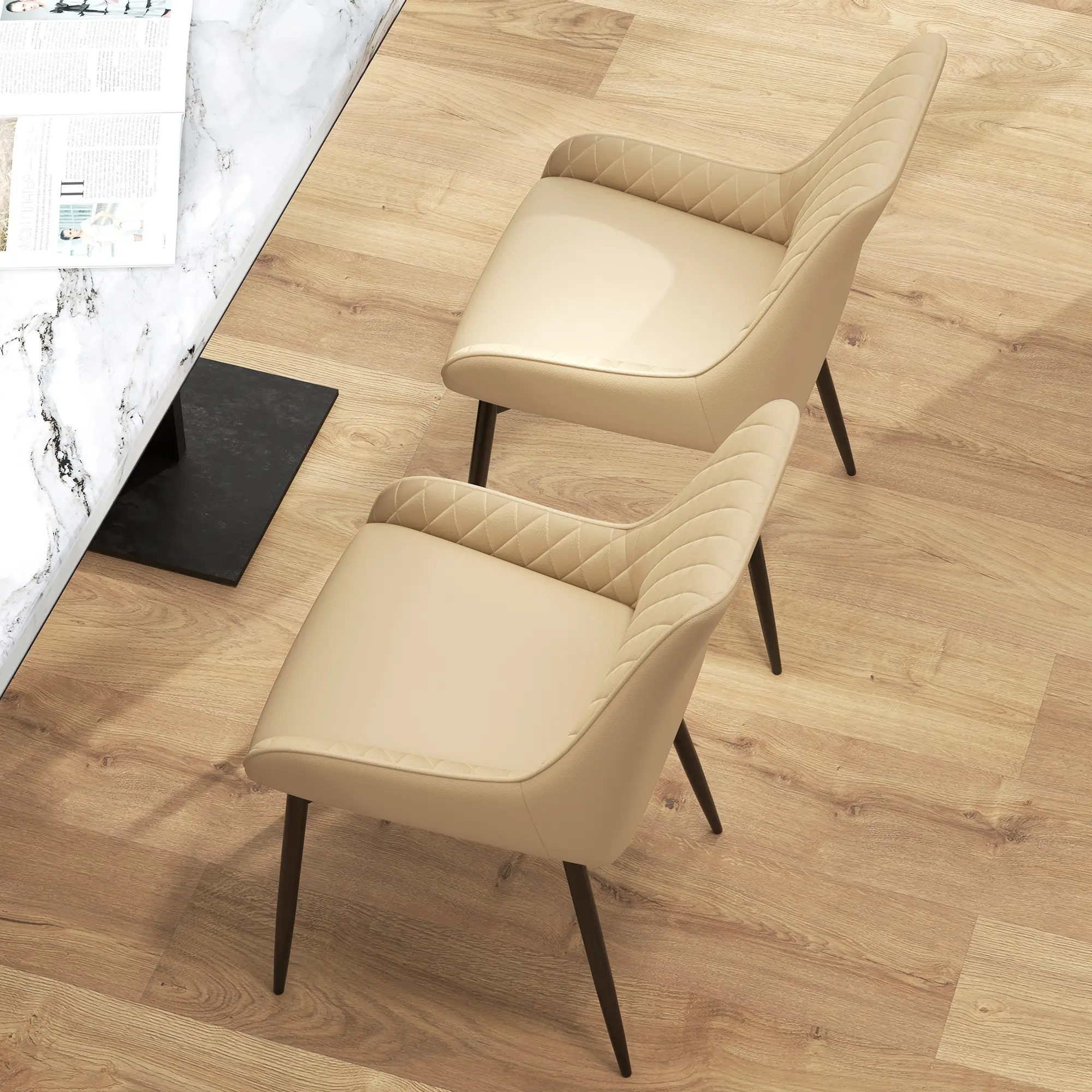 Modern Dining Chairs Set of 2, PU Leather, Metal Legs, Khaki - Image 10