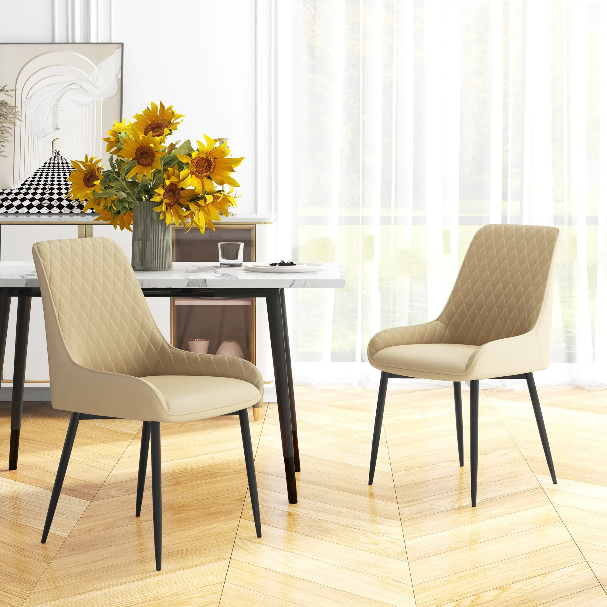 Modern Dining Chairs Set of 2, PU Leather, Metal Legs, Khaki - Image 2