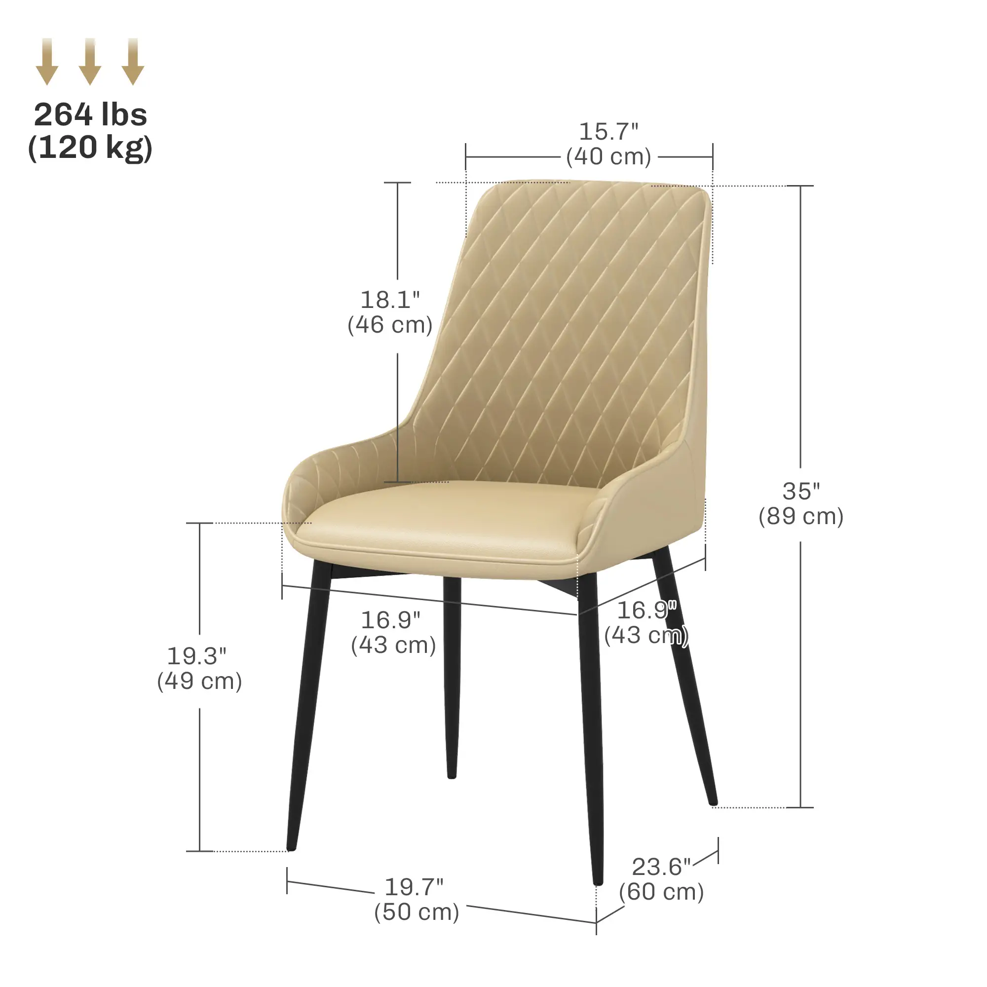 Modern Dining Chairs Set of 2, PU Leather, Metal Legs, Khaki - Image 3