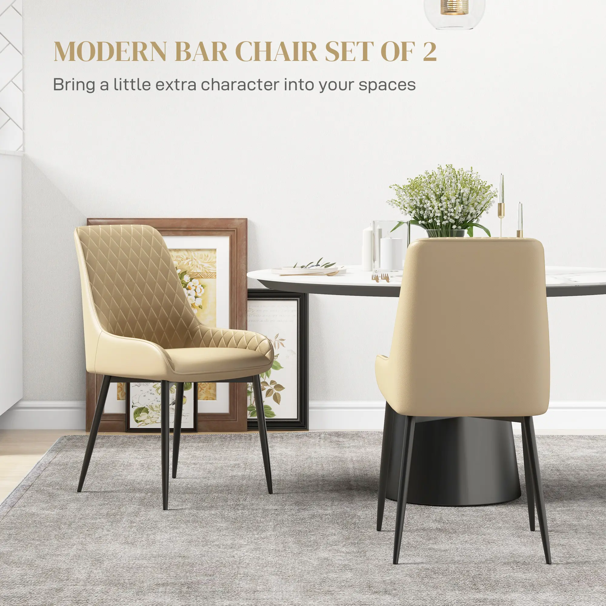 Modern Dining Chairs Set of 2, PU Leather, Metal Legs, Khaki - Image 4