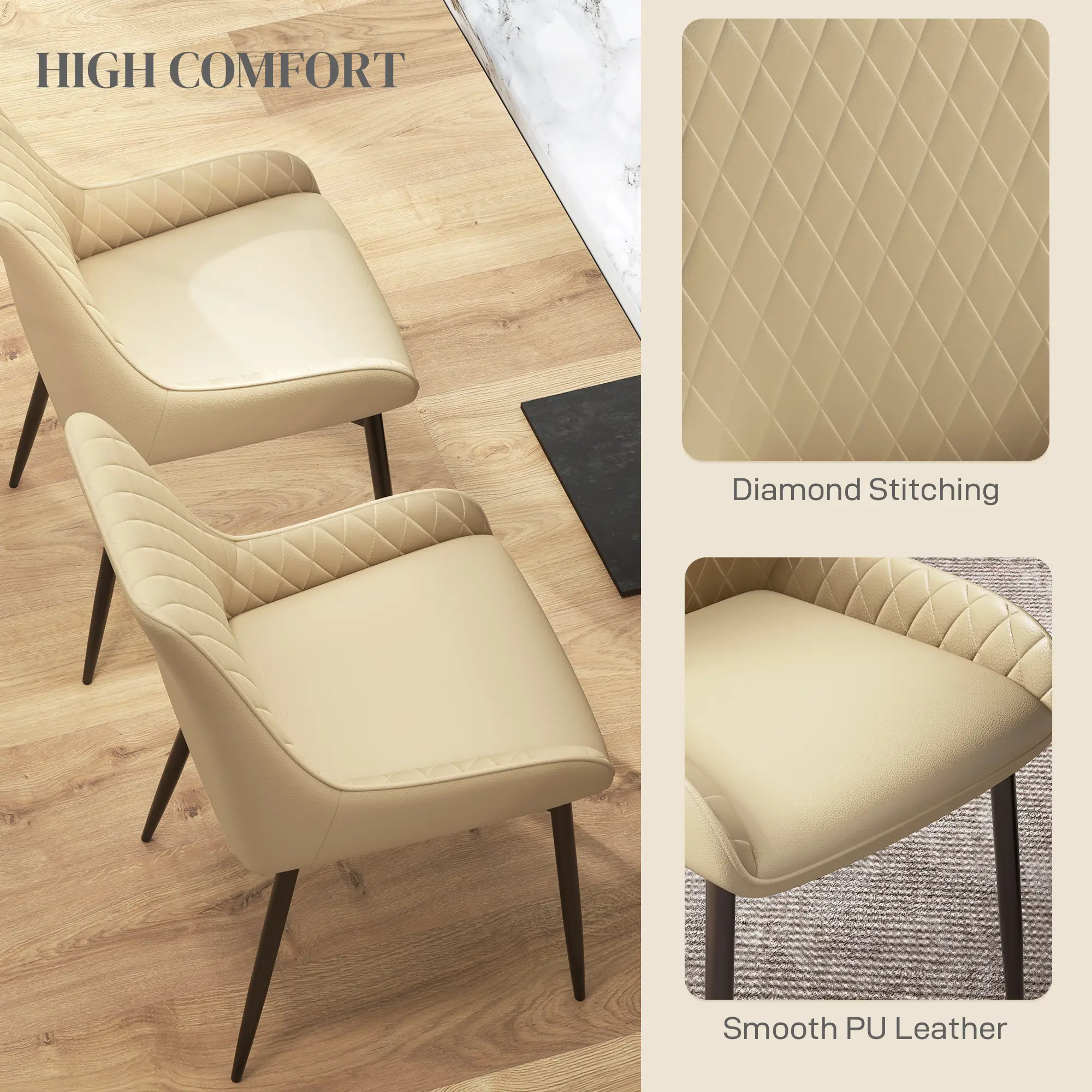 Modern Dining Chairs Set of 2, PU Leather, Metal Legs, Khaki - Image 5