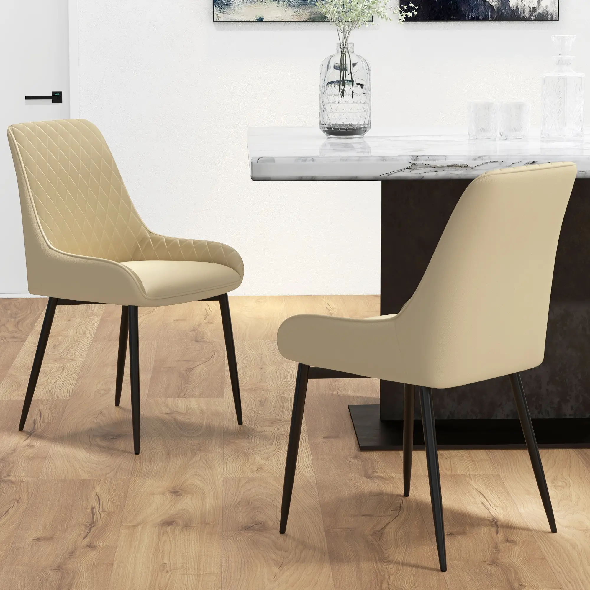 Modern Dining Chairs Set of 2, PU Leather, Metal Legs, Khaki - Image 7