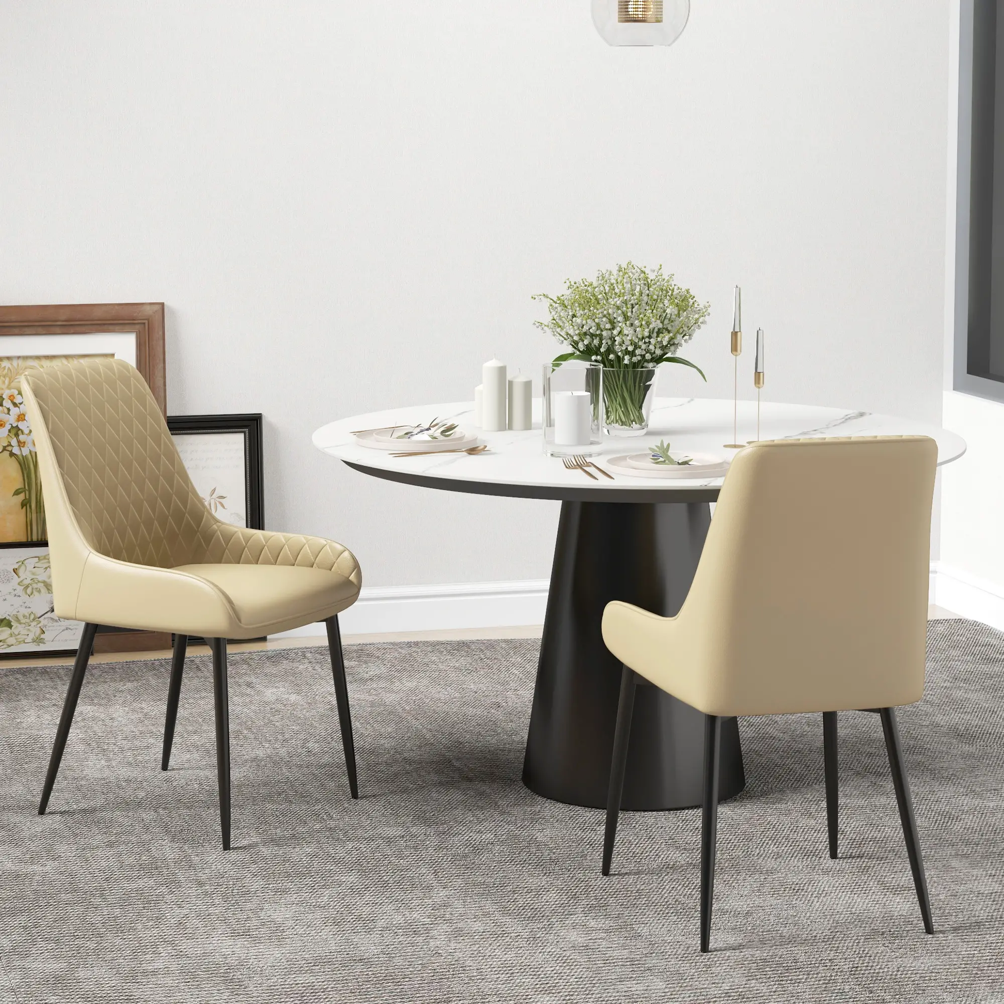 Modern Dining Chairs Set of 2, PU Leather, Metal Legs, Khaki - Image 8