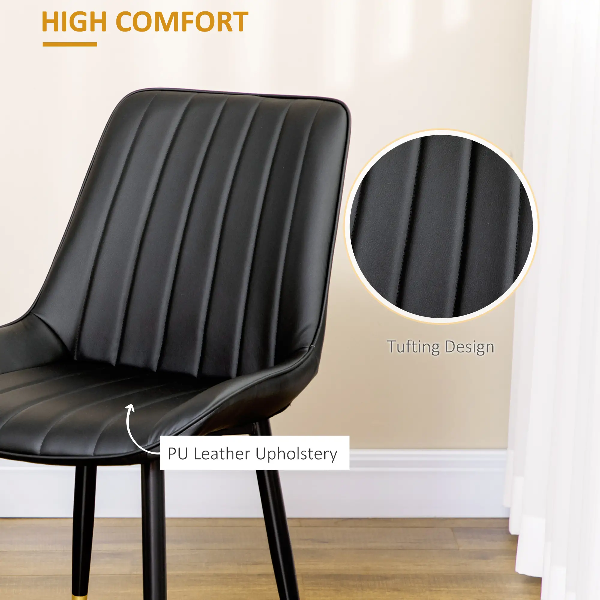 Modern Dining Chairs Set of 2, PU Leather Upholstery, Steel Legs, Black - Image 5