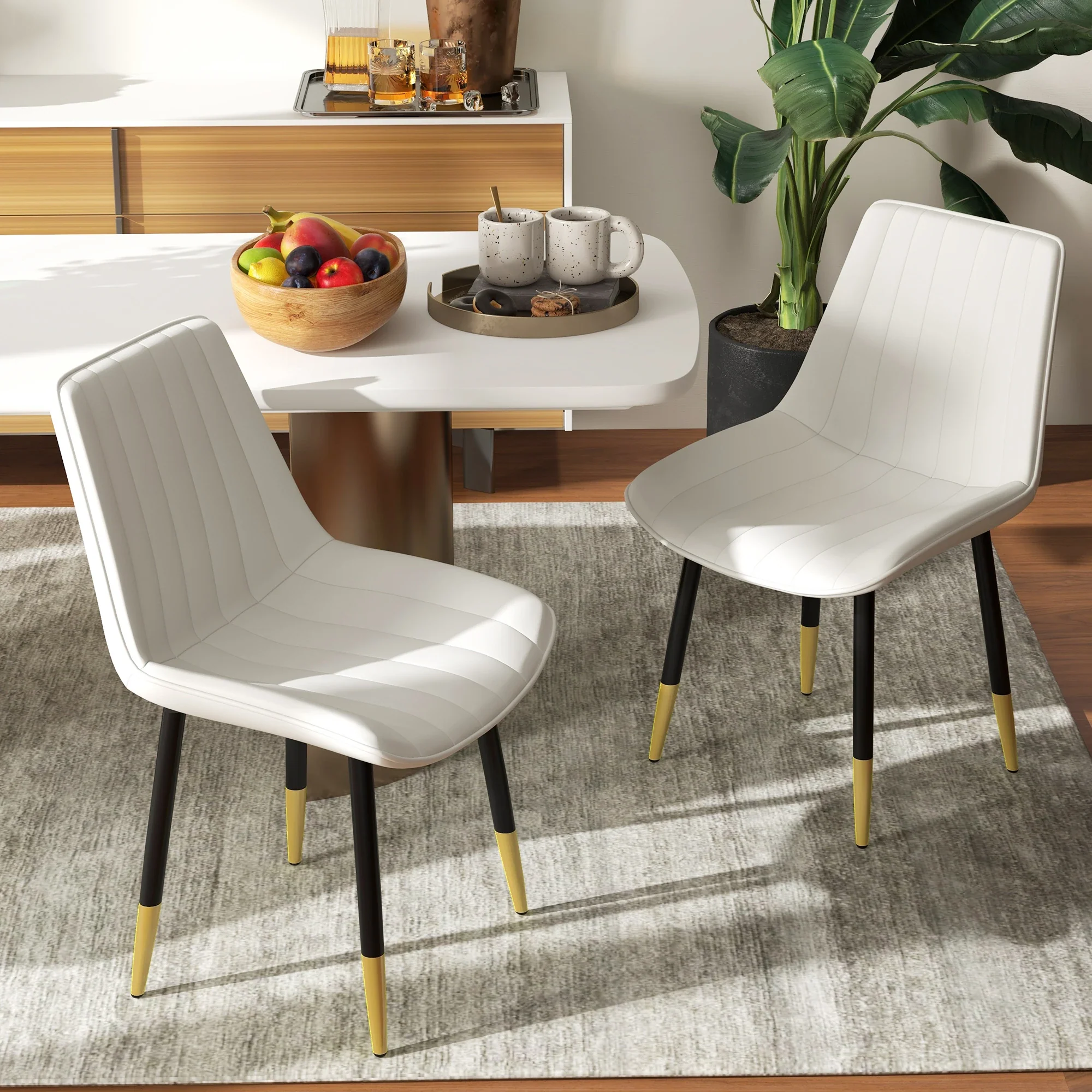 Modern Dining Chairs Set of 2, PU Leather Upholstery, Steel Legs, Cream - Image 2
