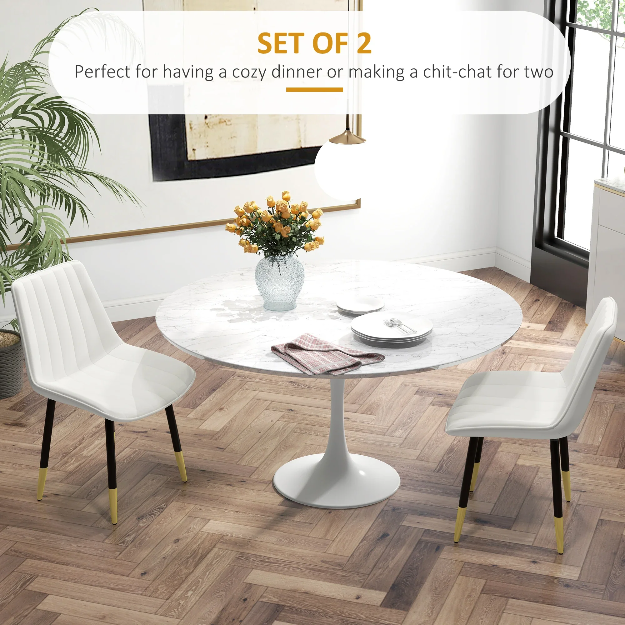 Modern Dining Chairs Set of 2, PU Leather Upholstery, Steel Legs, Cream - Image 4