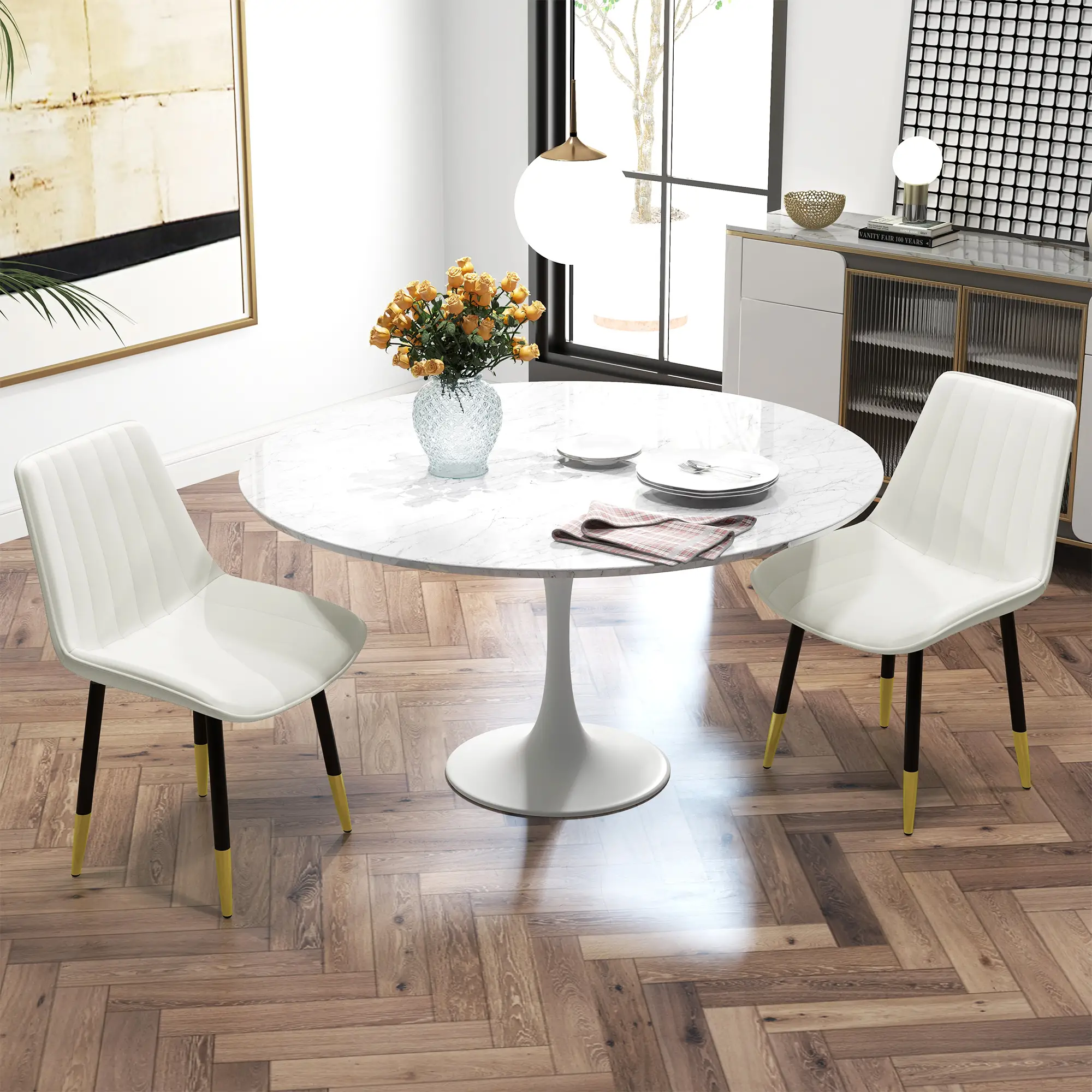 Modern Dining Chairs Set of 2, PU Leather Upholstery, Steel Legs, Cream - Image 8
