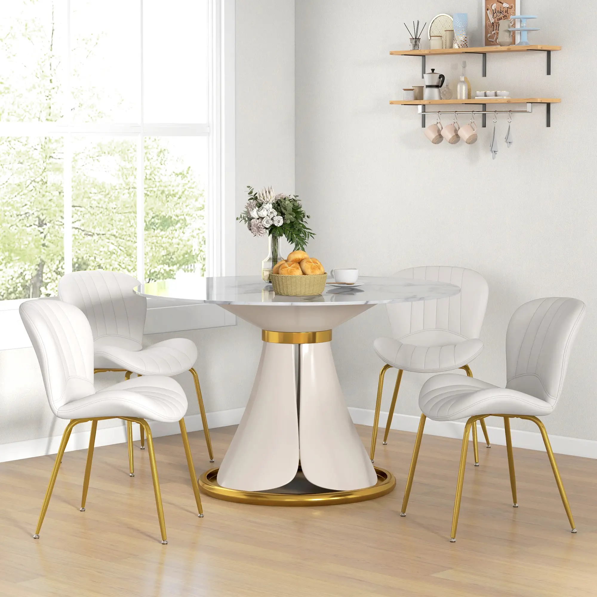 Modern Dining Chairs Set of 4, Cushioned Backrest, Cream White - Image 7