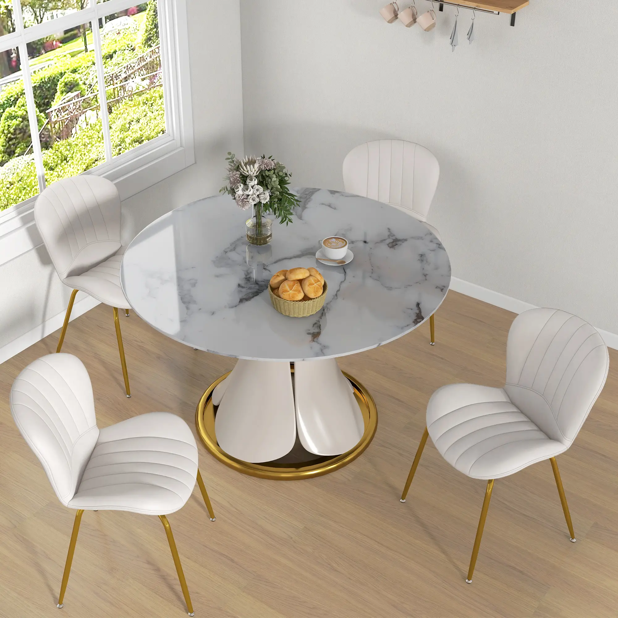 Modern Dining Chairs Set of 4, Cushioned Backrest, Cream White - Image 8