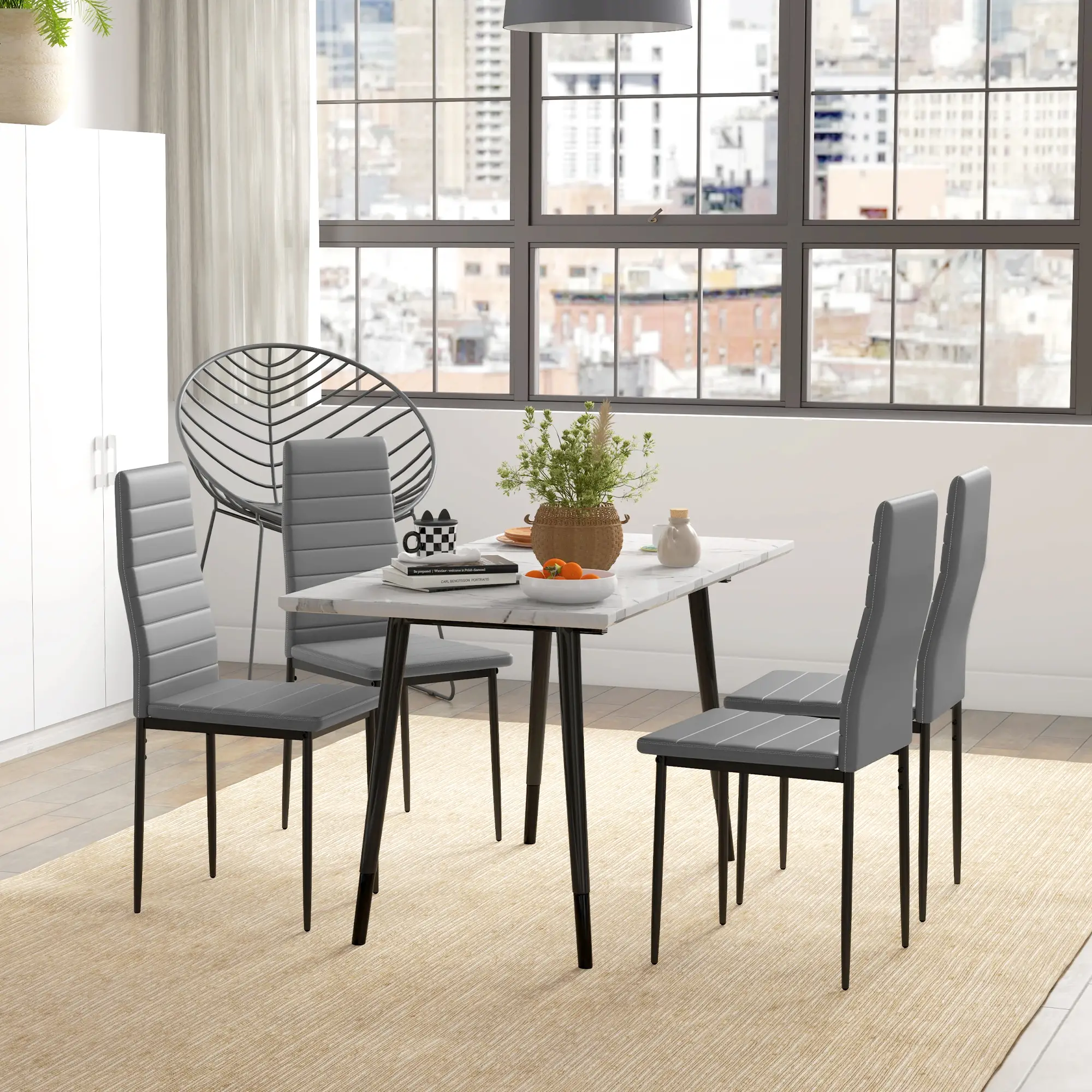 Modern Dining Chairs, Set of 4, High Back PU Leather, Metal Legs, Grey - Image 2