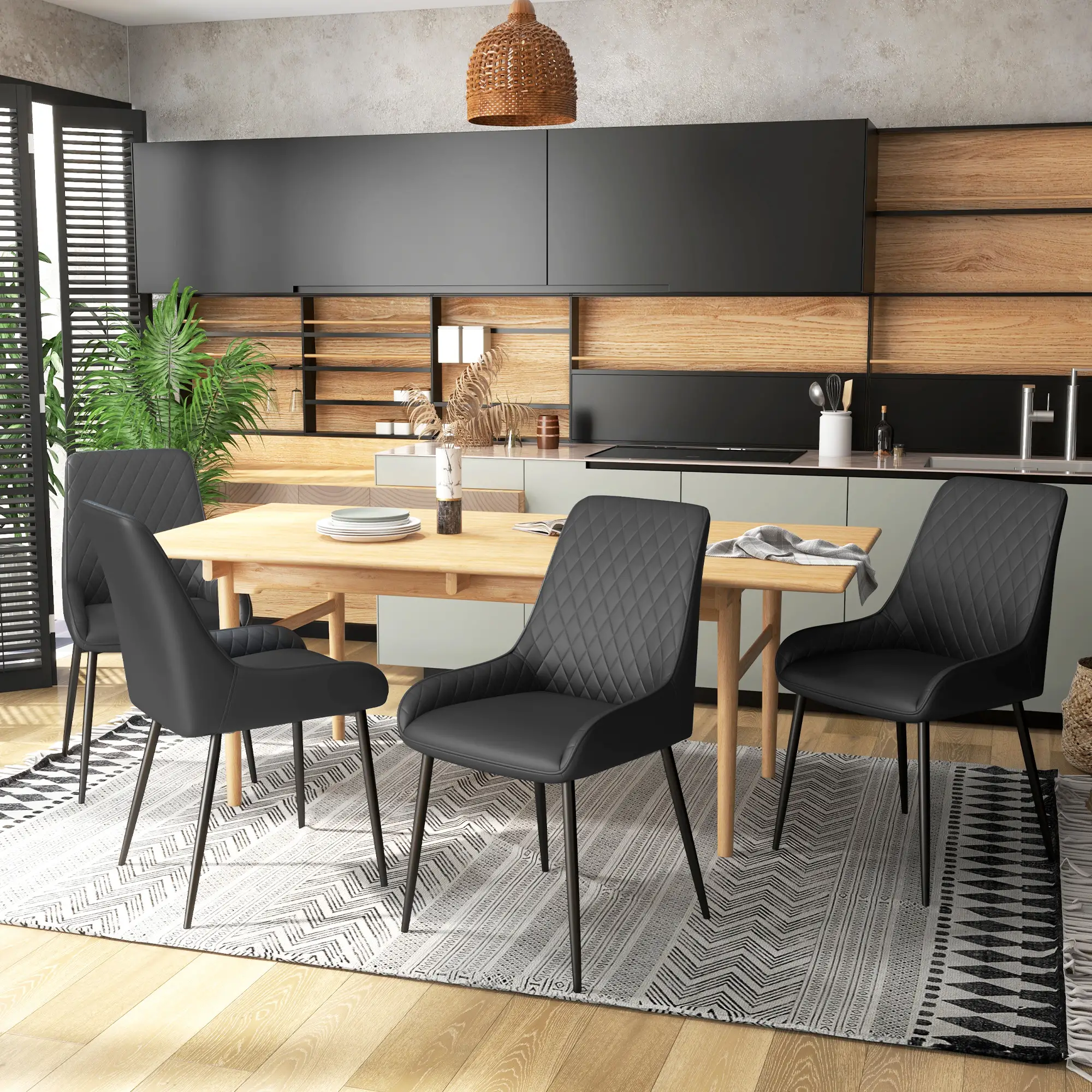 Modern Dining Chairs Set of 4, PU Leather, Metal Legs, Black - Image 2