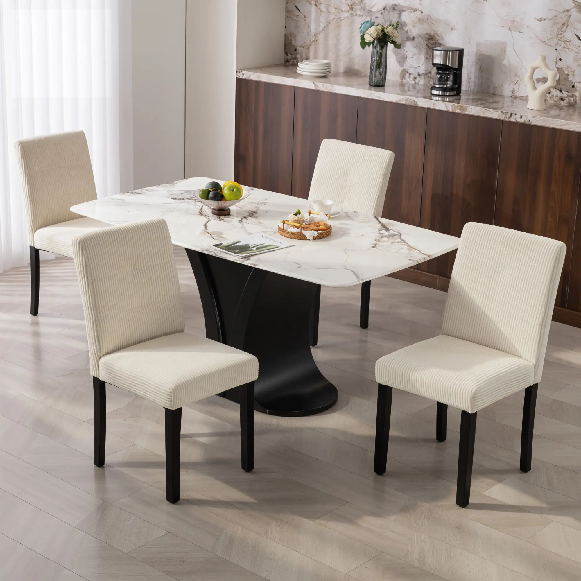 Modern Dining Chairs Set of 4, Rubberwood Legs, Padded Seat, Beige - Image 2