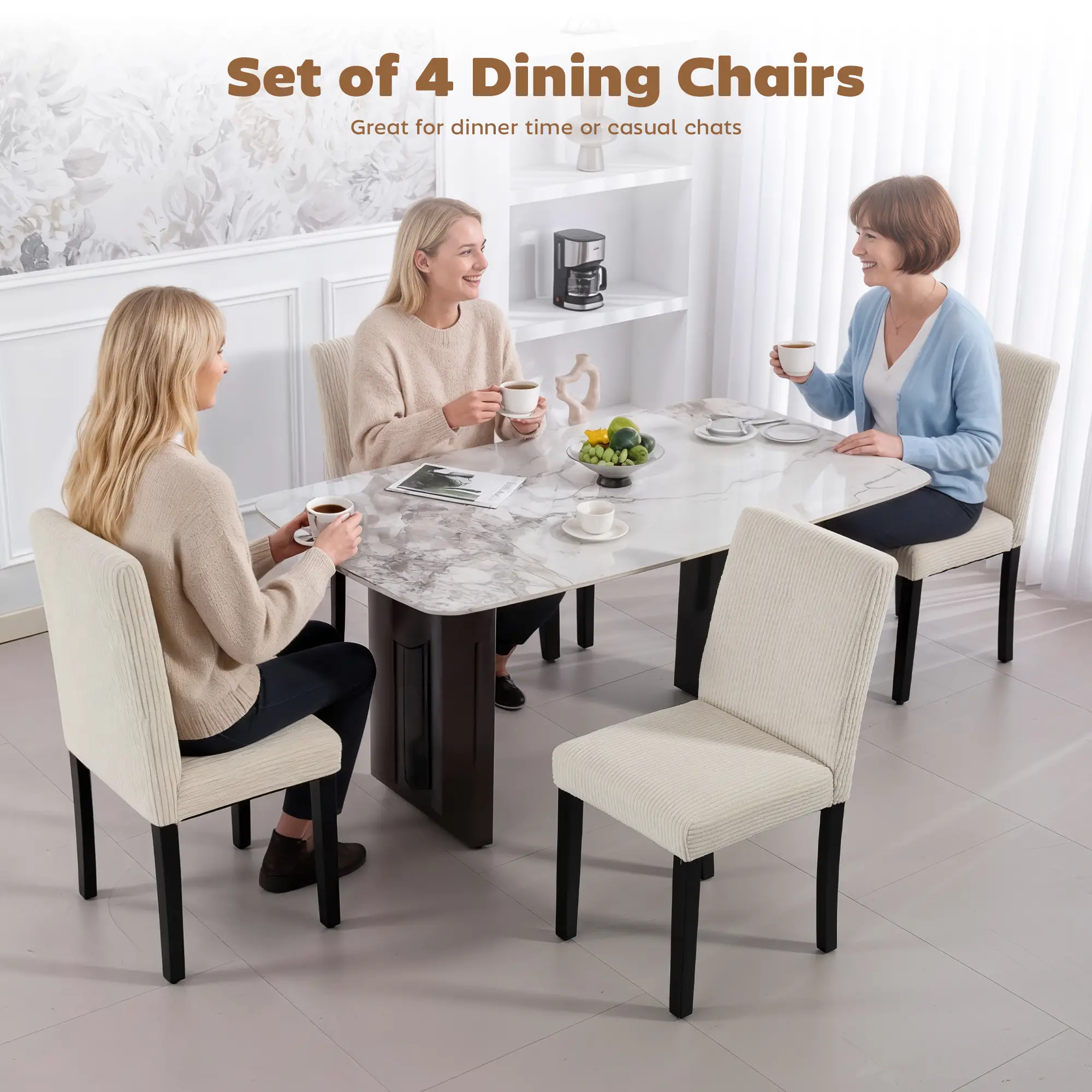 Modern Dining Chairs Set of 4, Rubberwood Legs, Padded Seat, Beige - Image 4