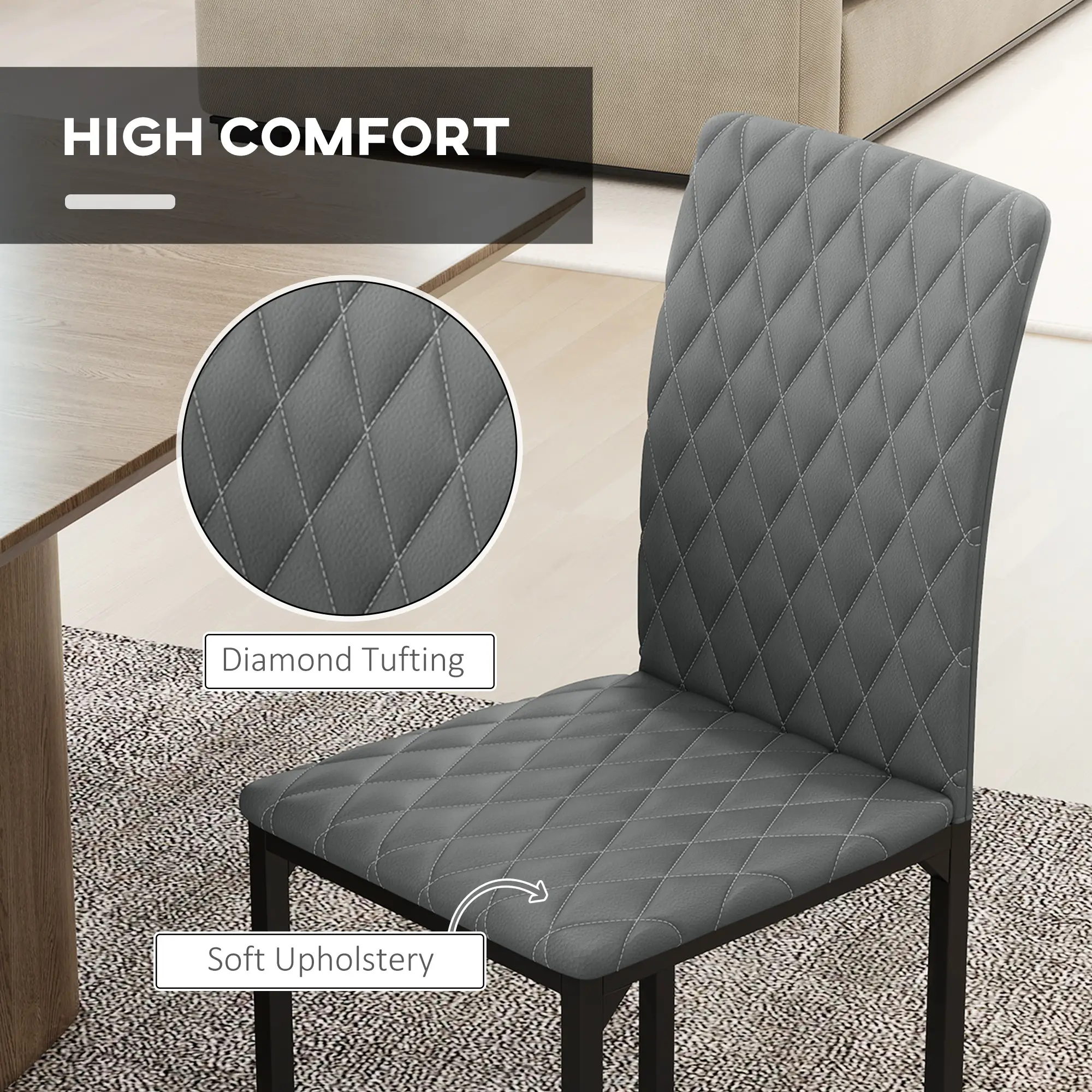 Modern Dining Chairs Set of 4, Tufted High Back, Upholstered Seat, Steel Legs - Image 5
