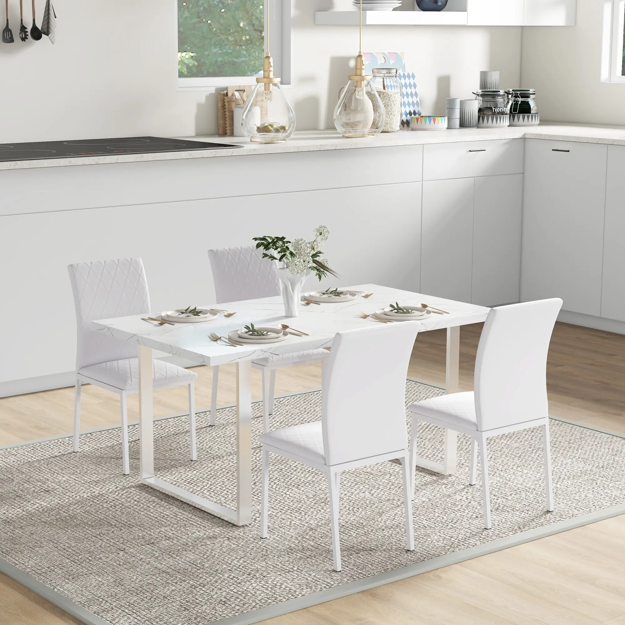 Modern Dining Chairs Set of 4, Upholstered Faux Leather, White - Image 8