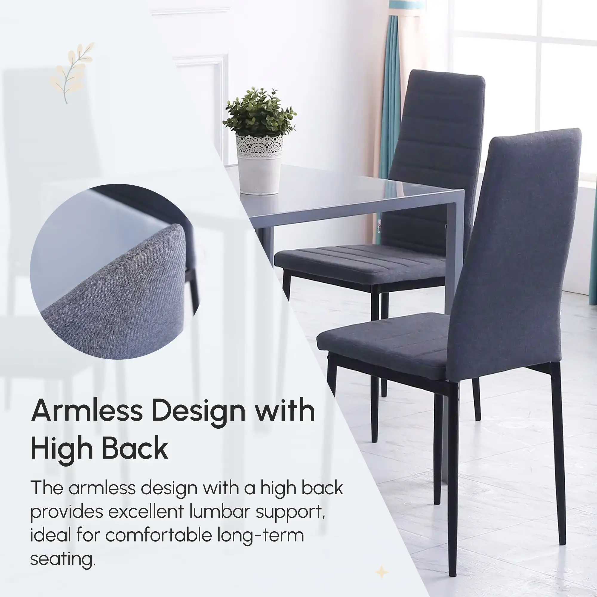 Modern Dining Chairs Set of 4, Upholstered Linen, Metal Legs, Grey - Image 4