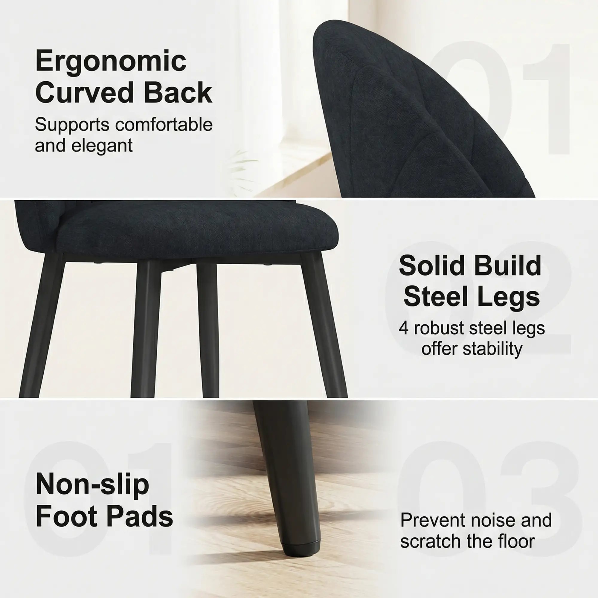 Modern Dining Chairs Set of 4, Upholstered, Metal Legs, Black - Image 5