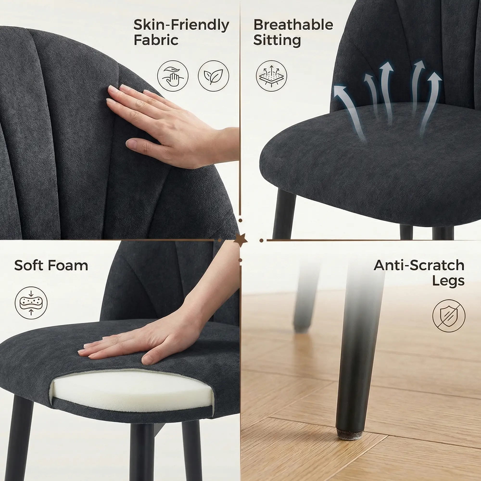 Modern Dining Chairs Set of 4, Upholstered, Metal Legs, Black - Image 6