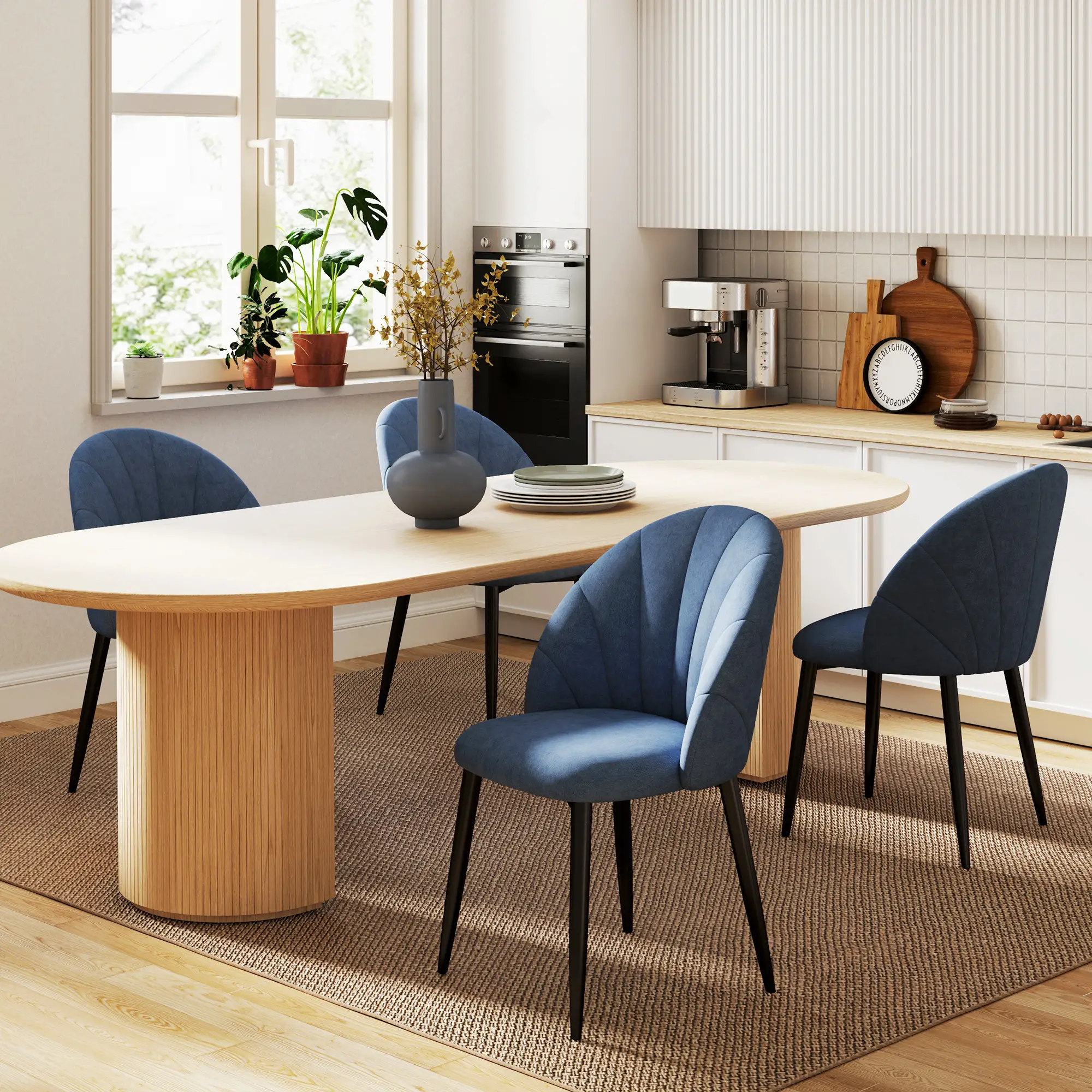 Modern Dining Chairs Set of 4, Upholstered, Metal Legs, Blue - Image 2