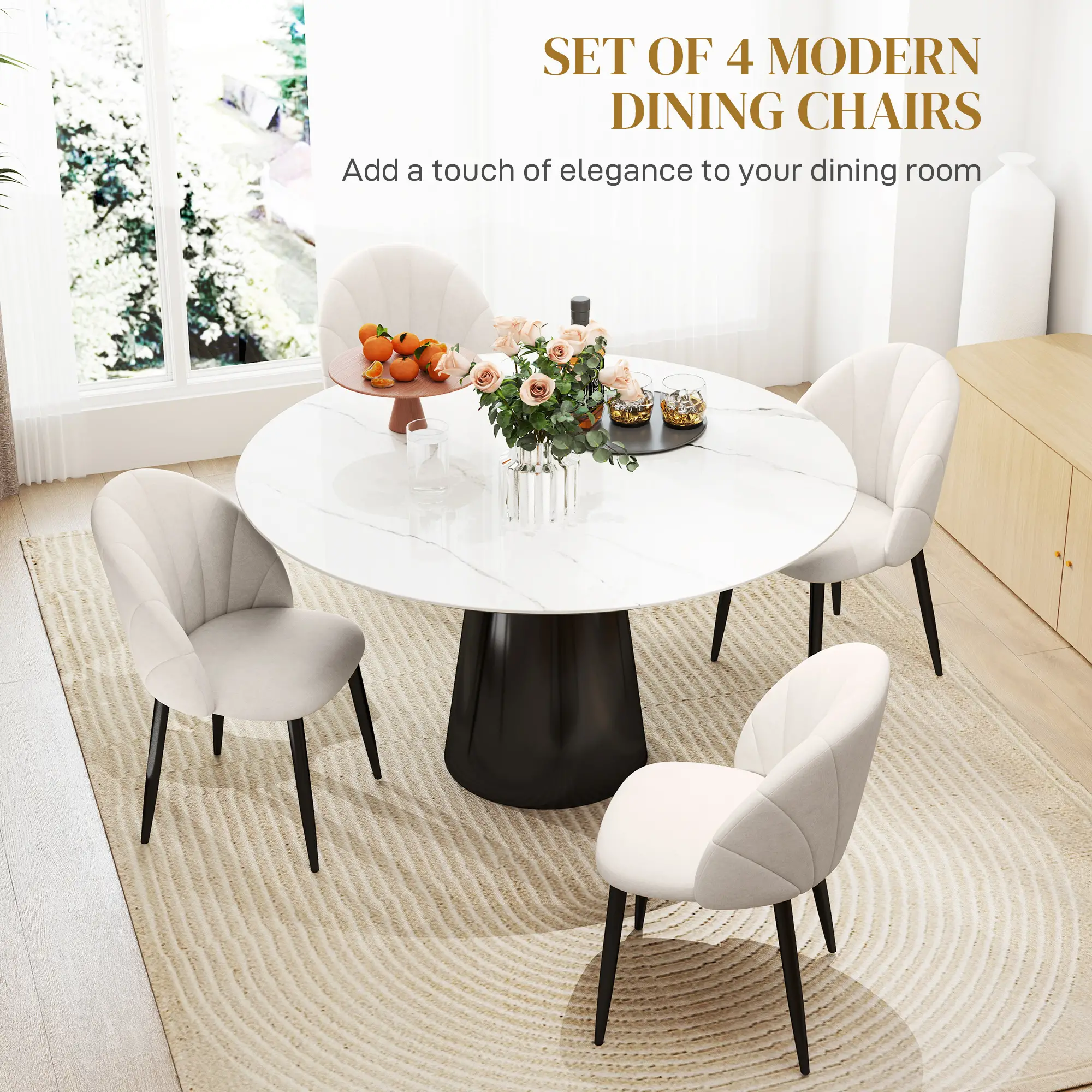 Modern Dining Chairs Set of 4, Upholstered, Metal Legs, Cream White - Image 4