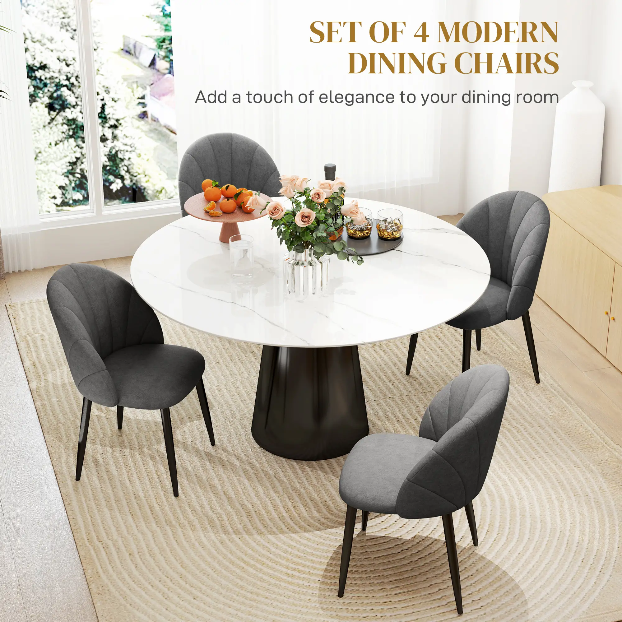 Modern Dining Chairs Set of 4, Upholstered, Metal Legs, Dark Grey - Image 4