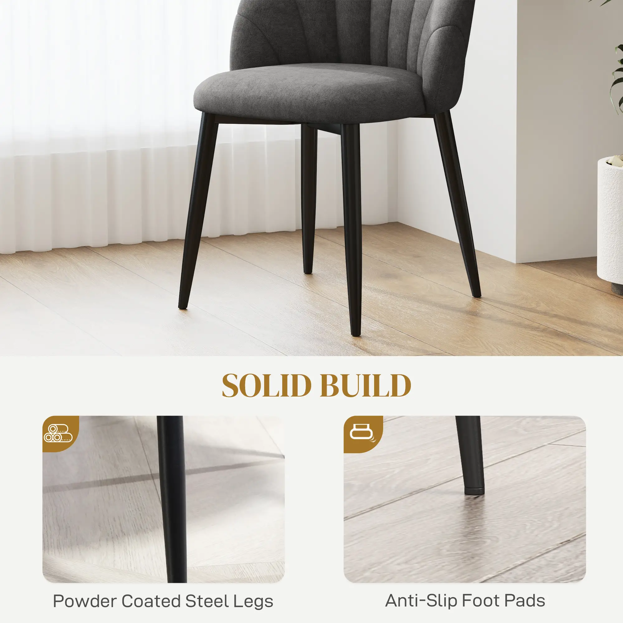 Modern Dining Chairs Set of 4, Upholstered, Metal Legs, Dark Grey - Image 6