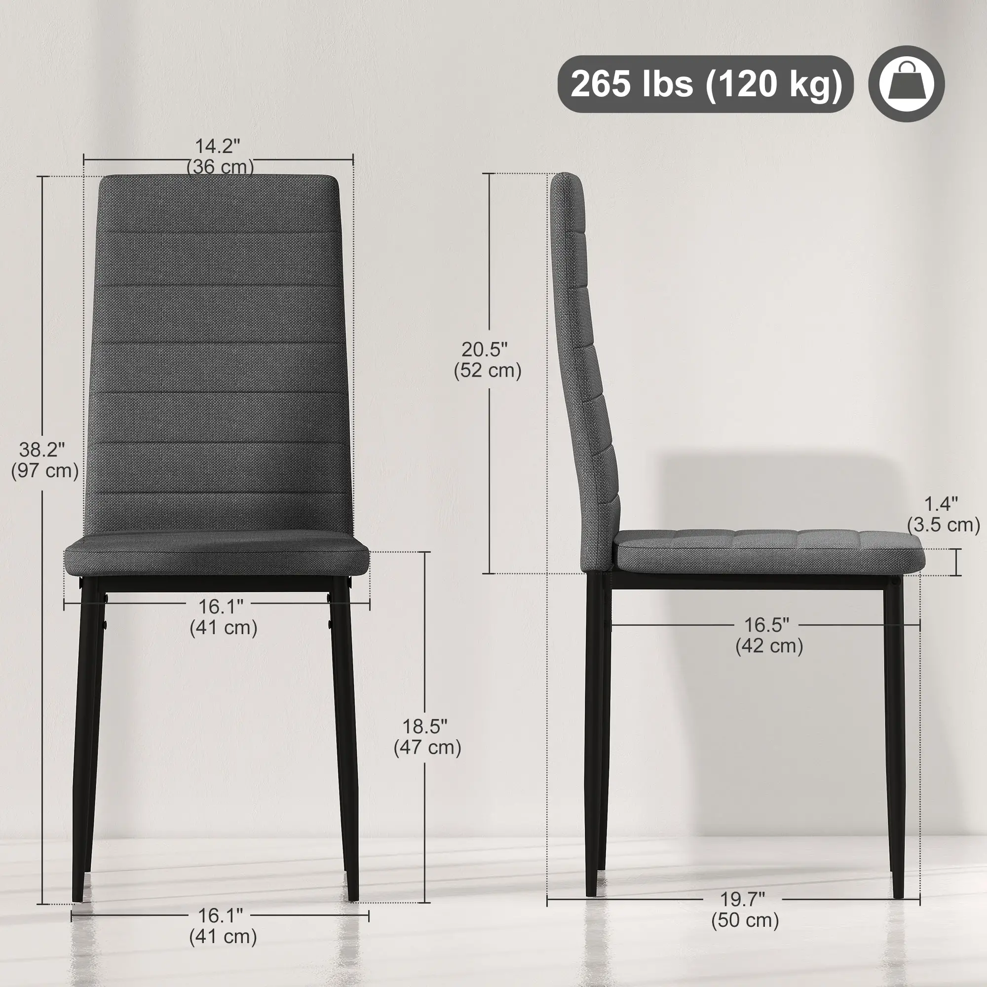 Modern Dining Chairs, Set of 6, High Back Linen Fabric, Grey - Image 3