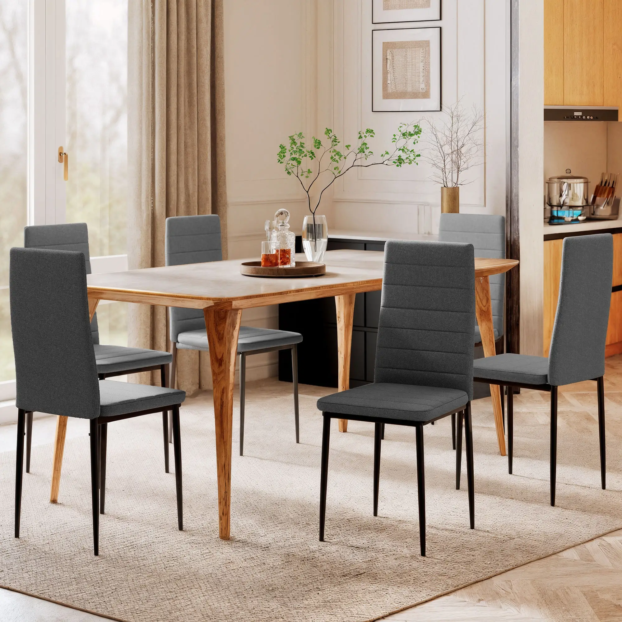 Modern Dining Chairs, Set of 6, High Back Linen Fabric, Grey - Image 6