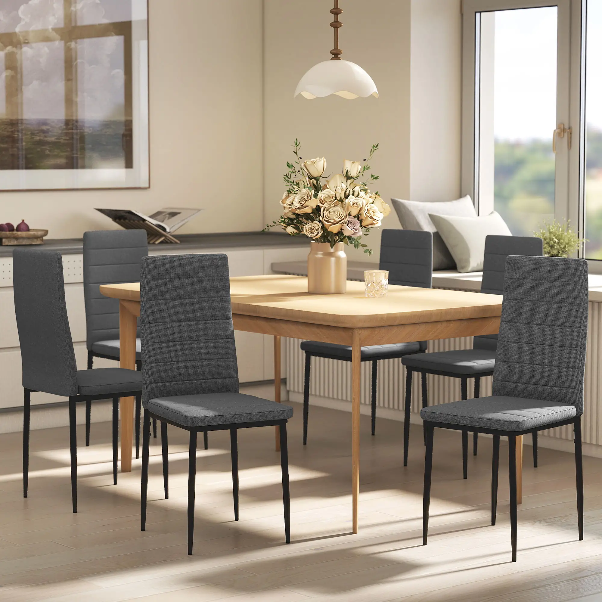 Modern Dining Chairs, Set of 6, High Back Linen Fabric, Grey - Image 8