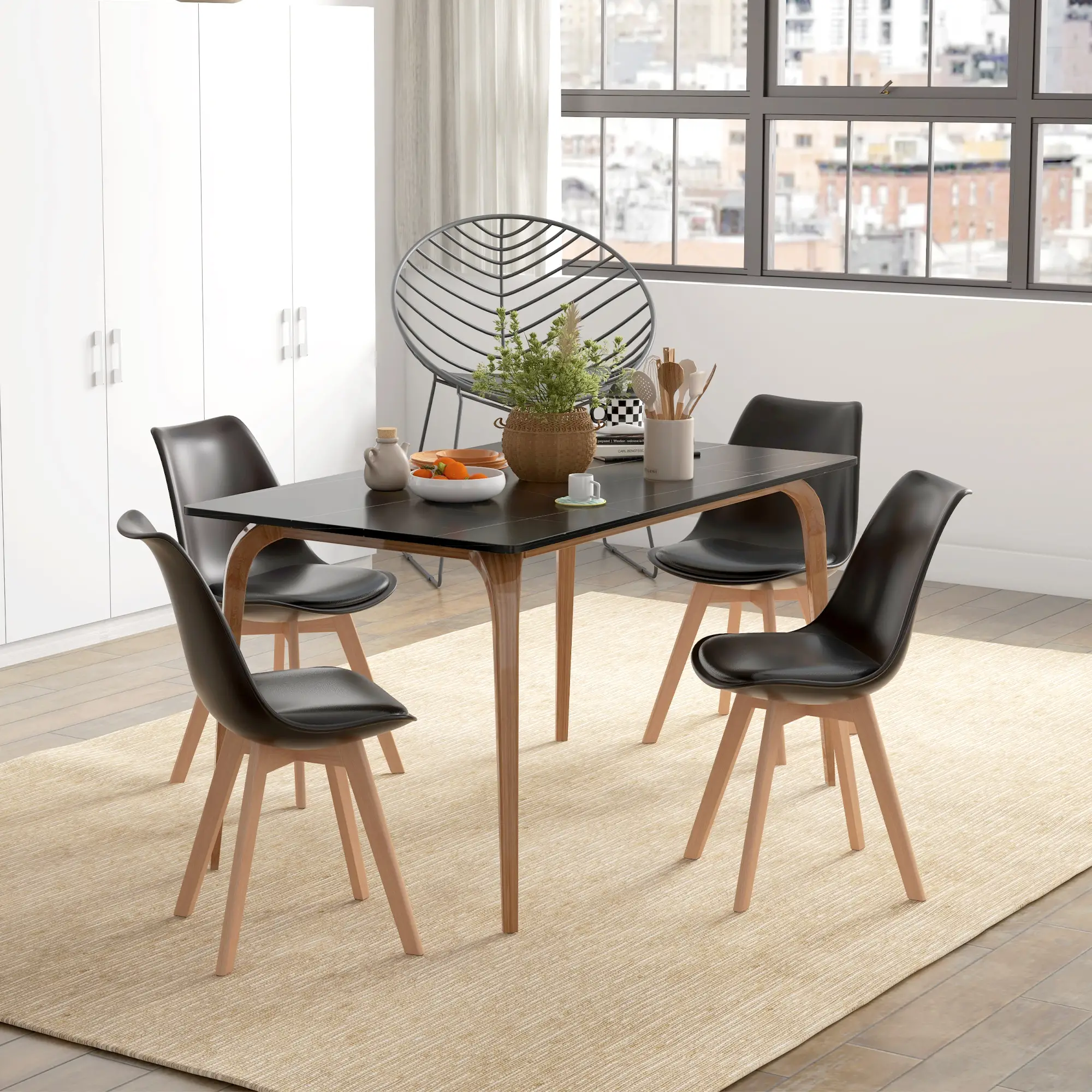 Modern Dining Table Chairs Set of 4, Rubber Wood Kitchen Table Chairs with PU Leather Cushion for Living Room, Bedroom - Image 2