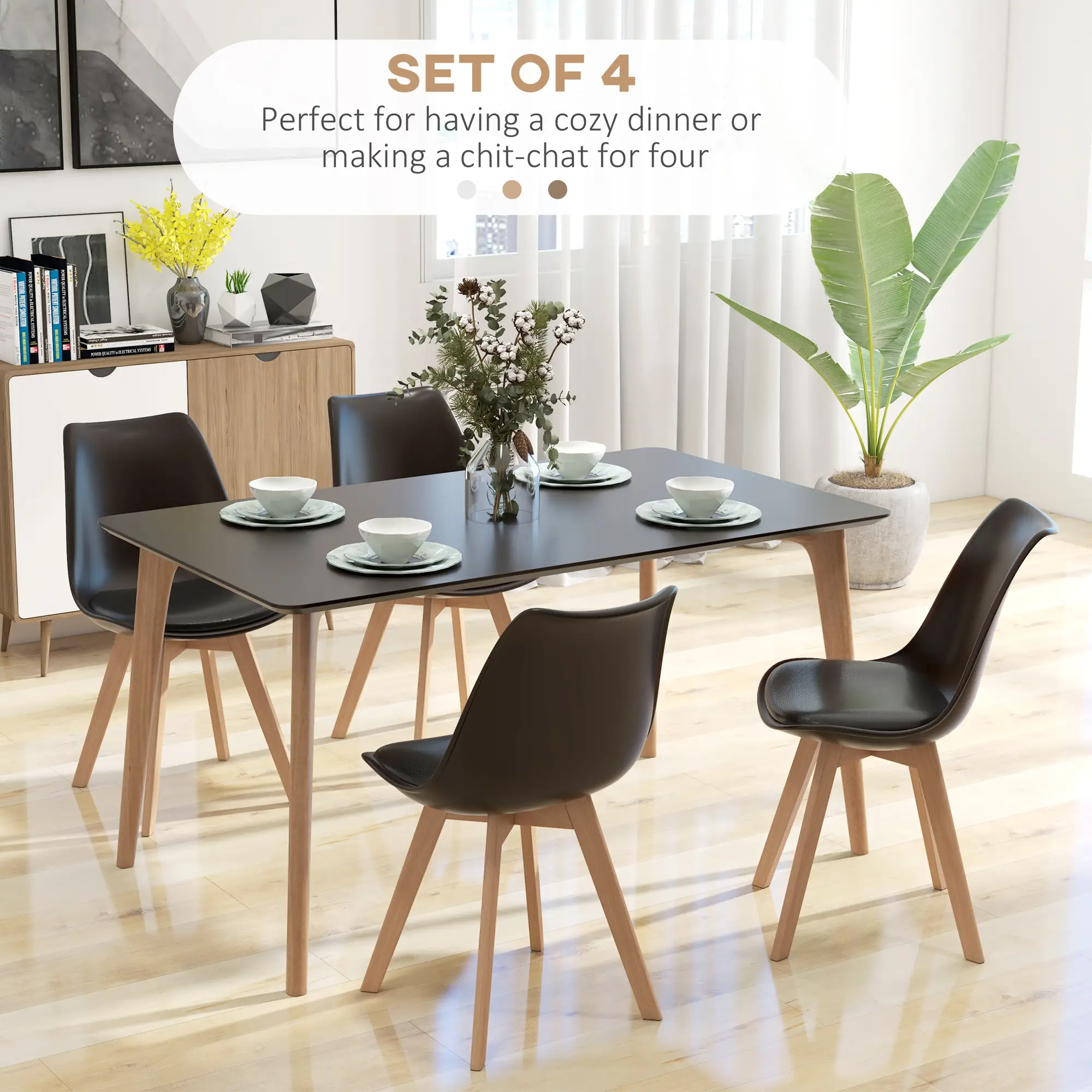 Modern Dining Table Chairs Set of 4, Rubber Wood Kitchen Table Chairs with PU Leather Cushion for Living Room, Bedroom - Image 4