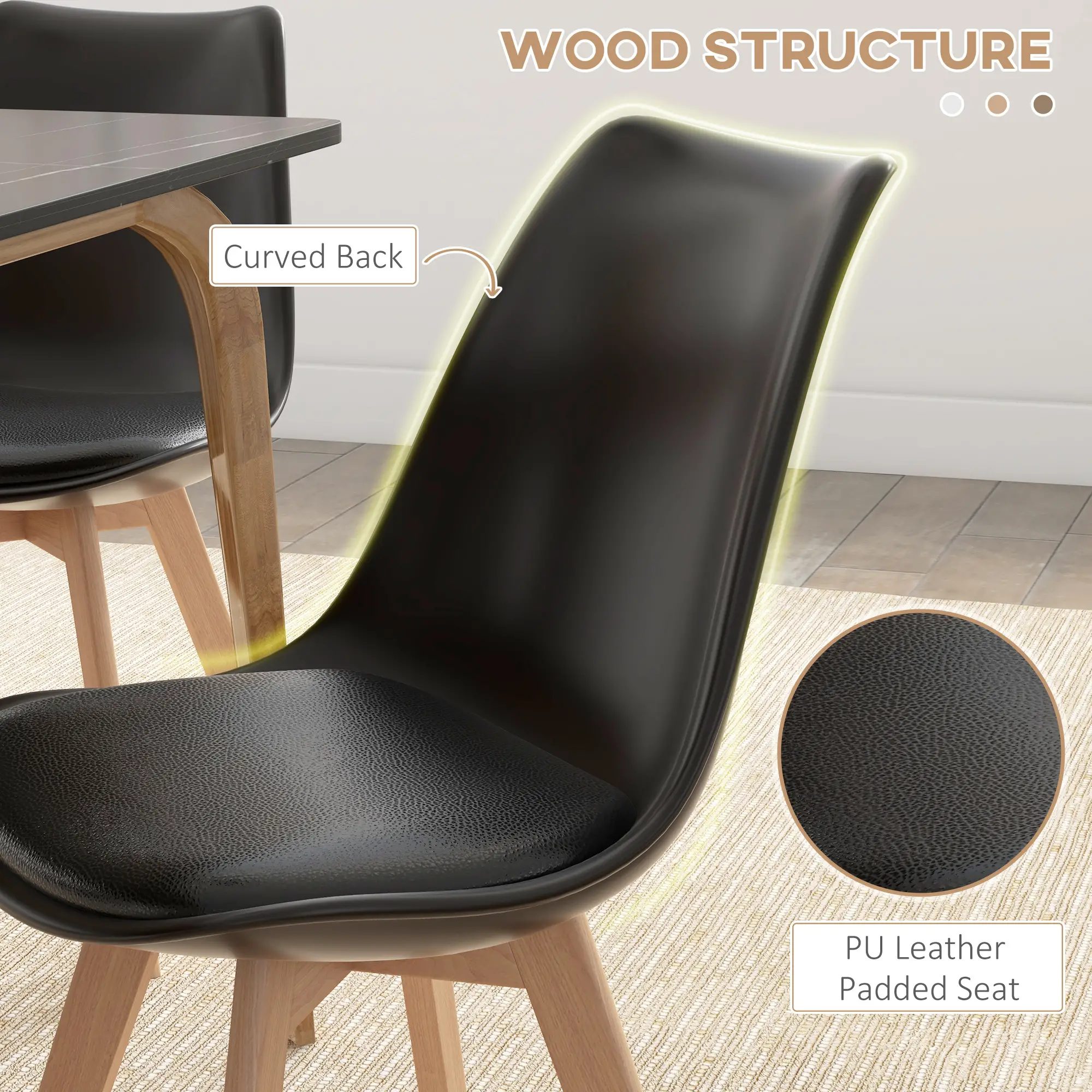 Modern Dining Table Chairs Set of 4, Rubber Wood Kitchen Table Chairs with PU Leather Cushion for Living Room, Bedroom - Image 5