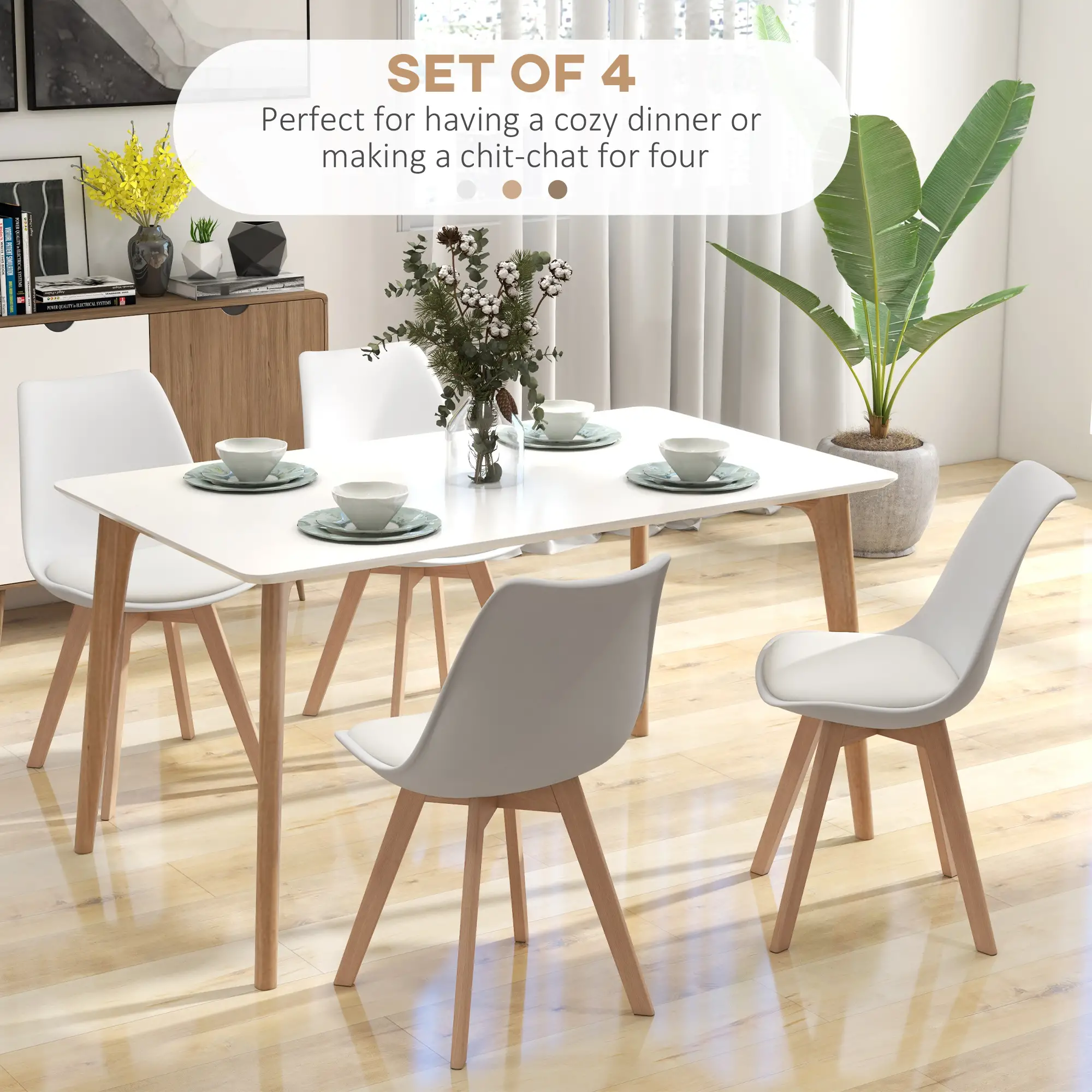 Modern Dining Table Chairs Set of 4, Rubber Wood, PU Leather Cushion - Image 4