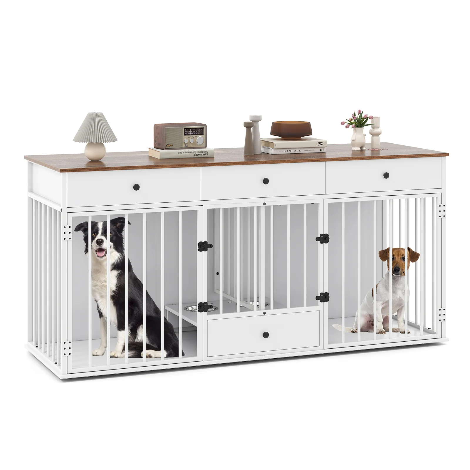 Modern Dog Crate Furniture, 3 Drawers With Pull-Out Feeder, White