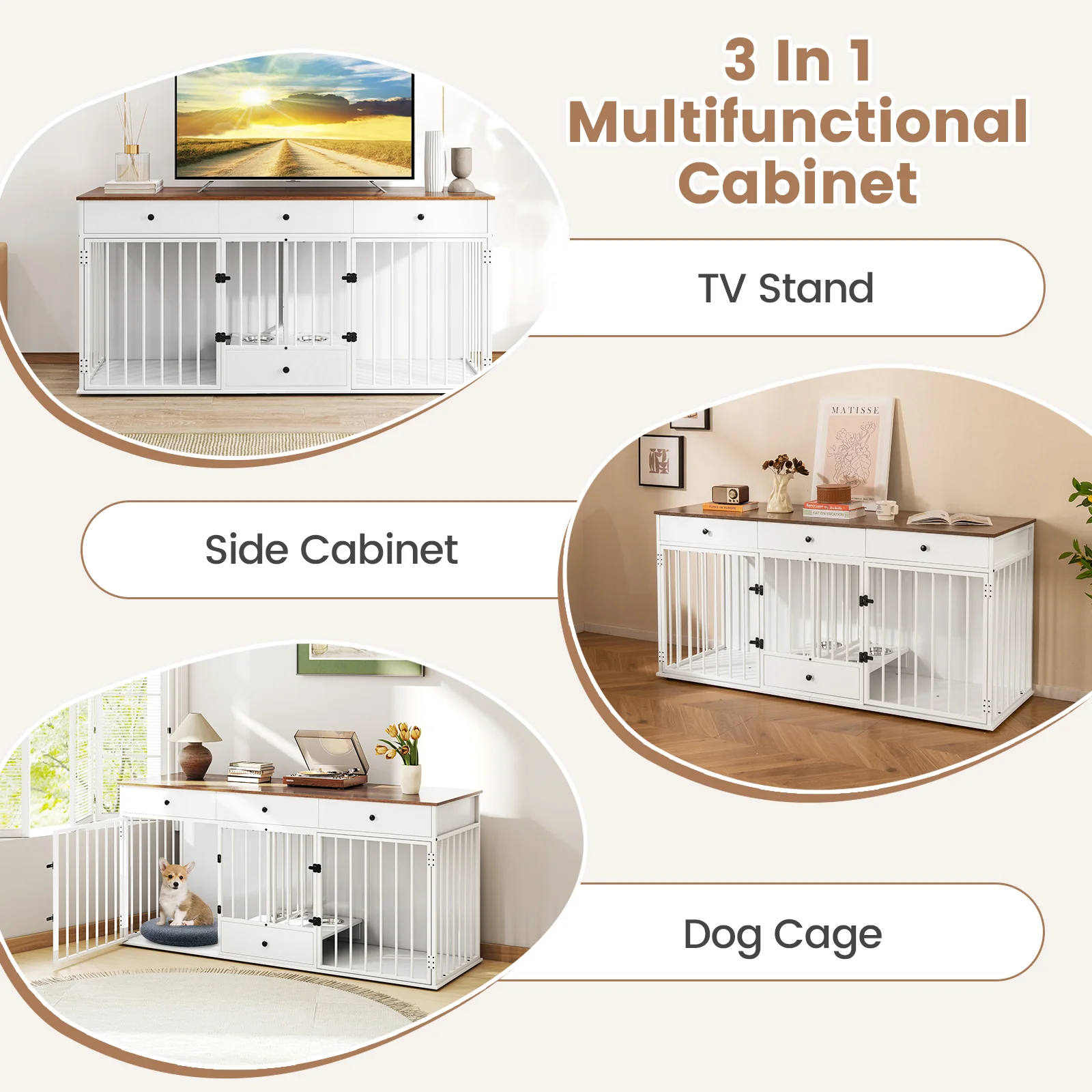 Modern Dog Crate Furniture, 3 Drawers With Pull-Out Feeder, White - Image 8