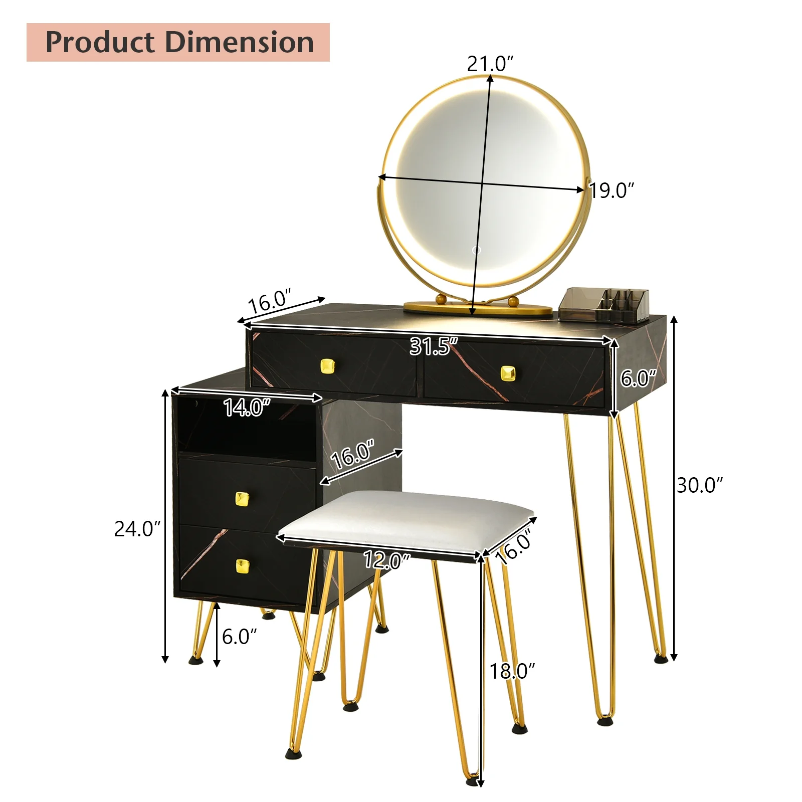Modern Dressing Table With Storage Cabinet, Black - Image 5