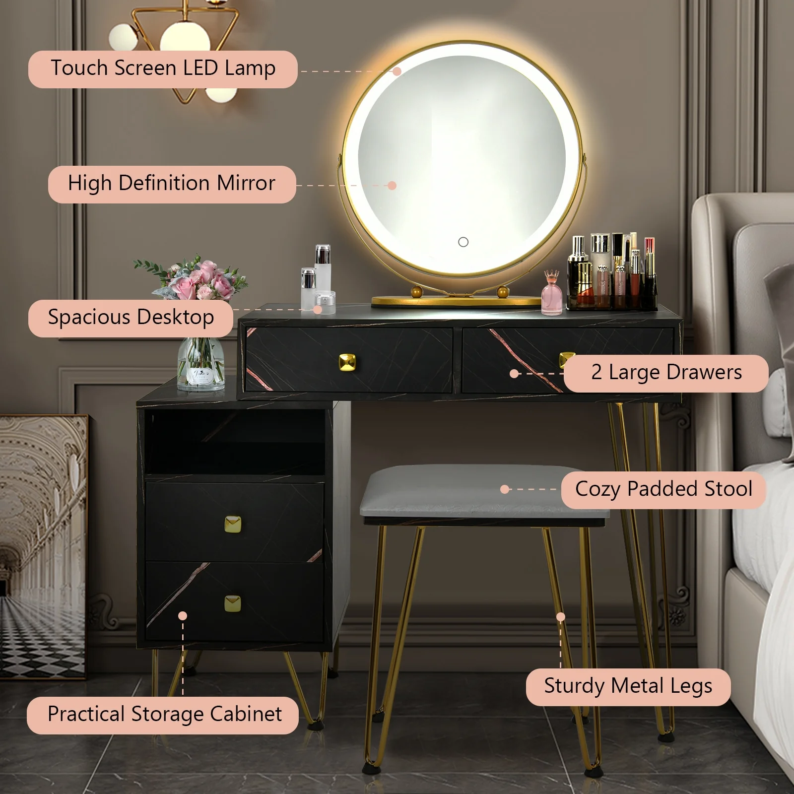 Modern Dressing Table With Storage Cabinet, Black - Image 6
