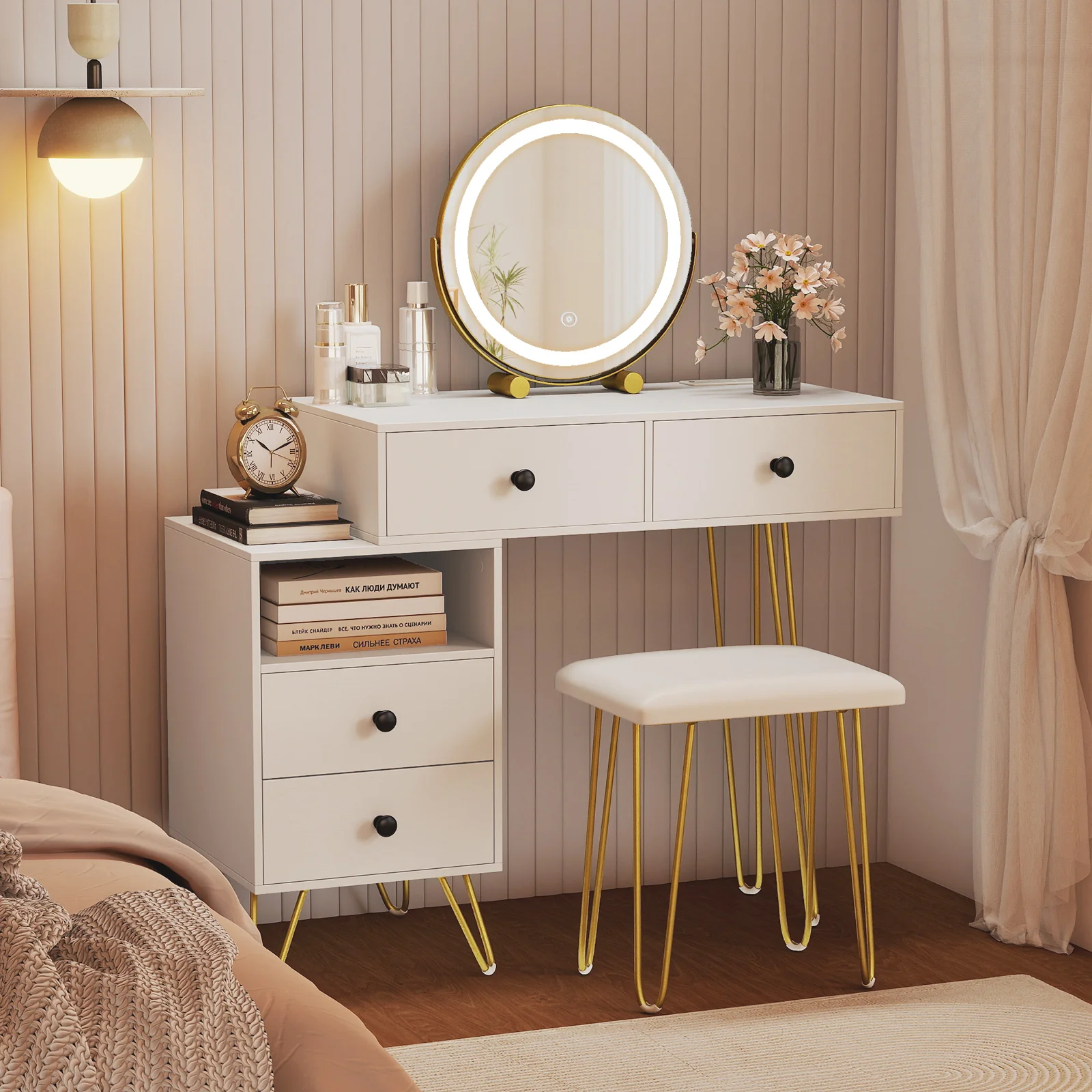 Modern Dressing Table with Storage Cabinet-Off white, Off White - Image 2