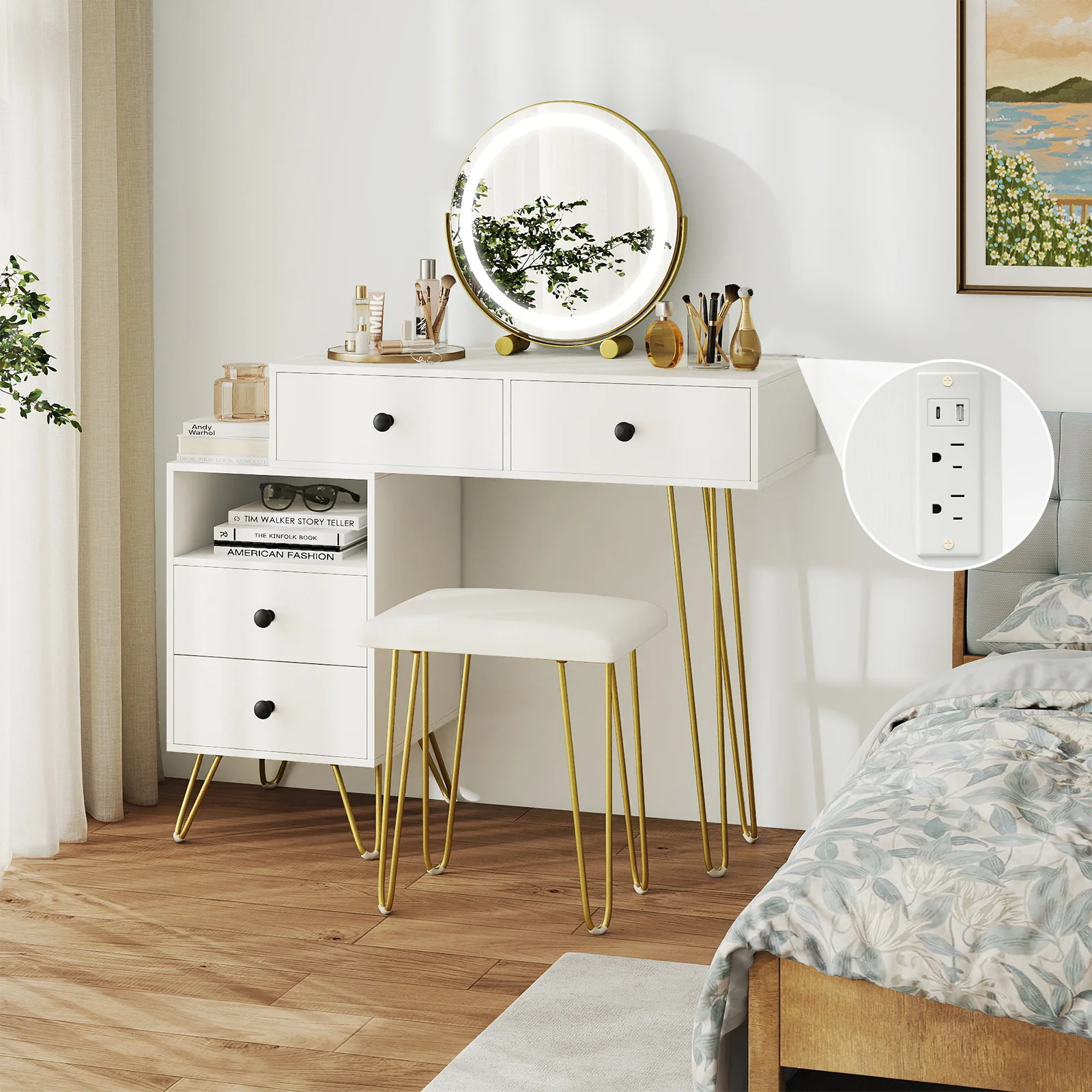 Modern Dressing Table with Storage Cabinet-Off white, Off White - Image 3