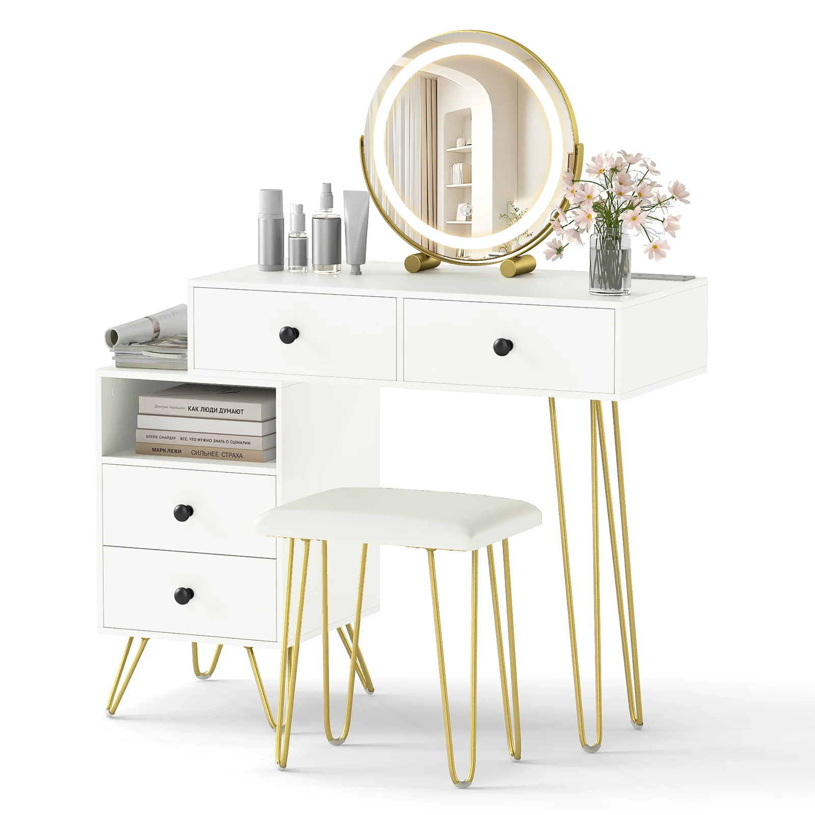 Modern Dressing Table with Storage Cabinet-Off white, Off White - Image 5