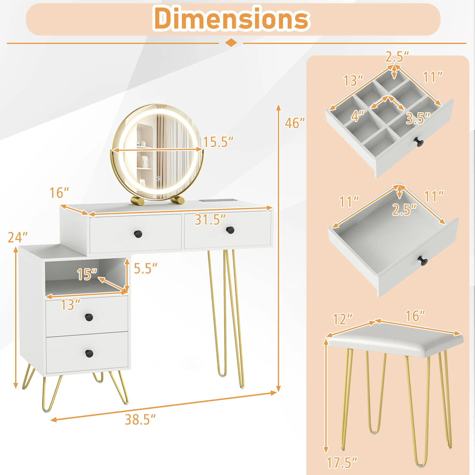 Modern Dressing Table with Storage Cabinet-Off white, Off White - Image 6