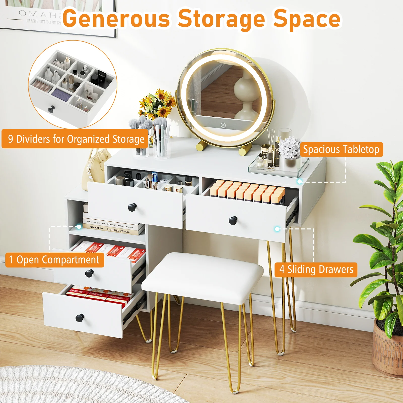 Modern Dressing Table with Storage Cabinet-Off white, Off White - Image 8