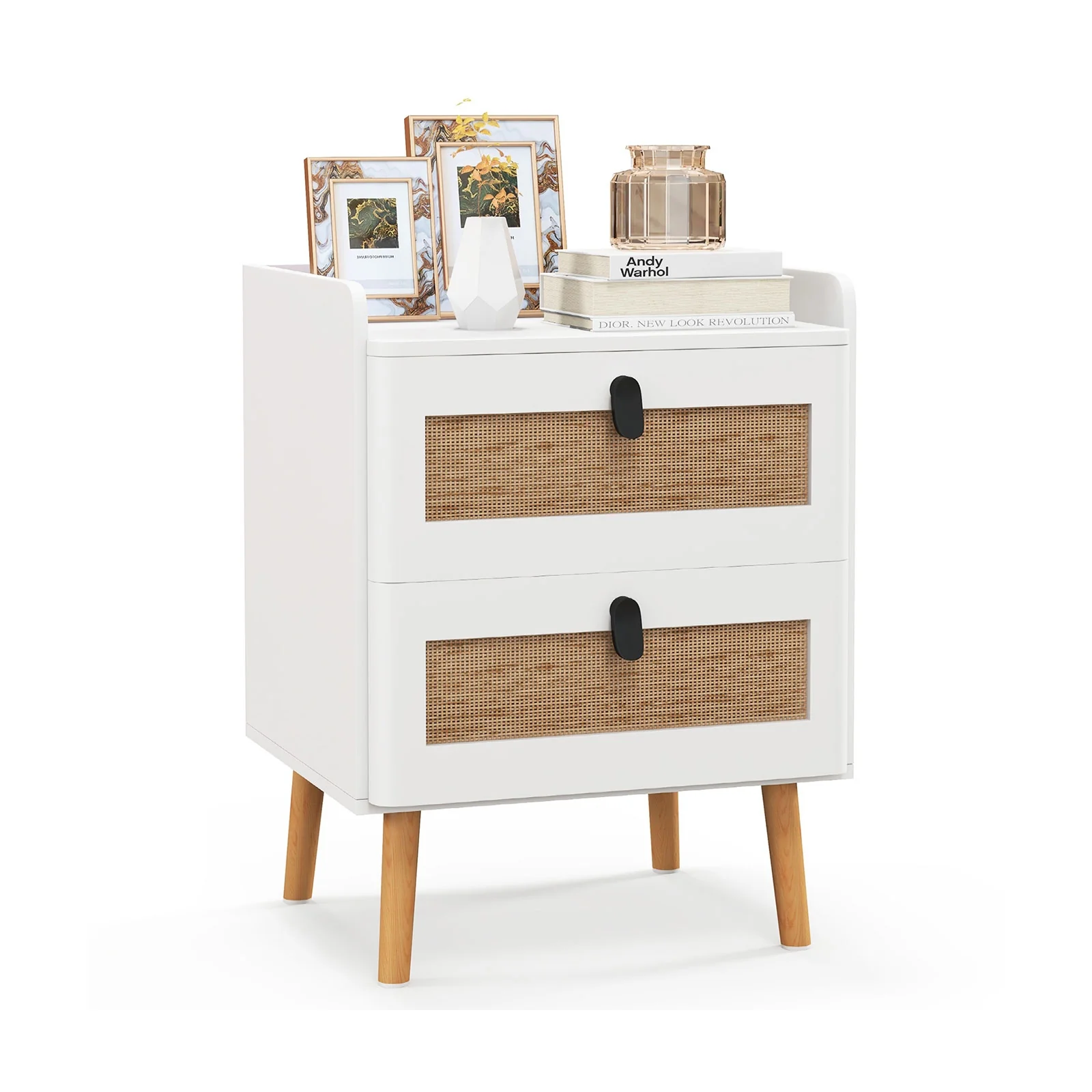 Modern End Table, 2 Rattan Drawers, White