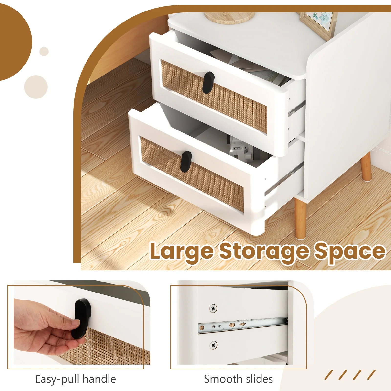 Modern End Table, 2 Rattan Drawers, White - Image 10