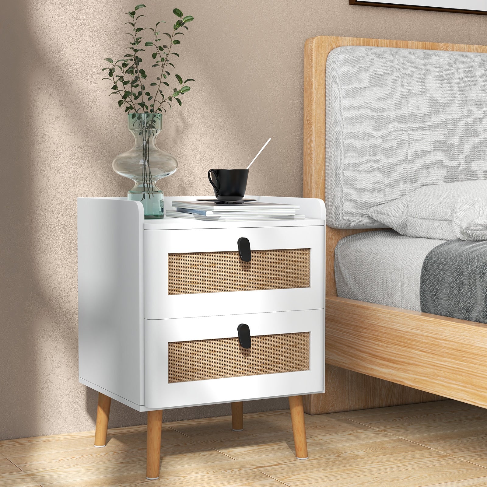 Modern End Table, 2 Rattan Drawers, White - Image 2