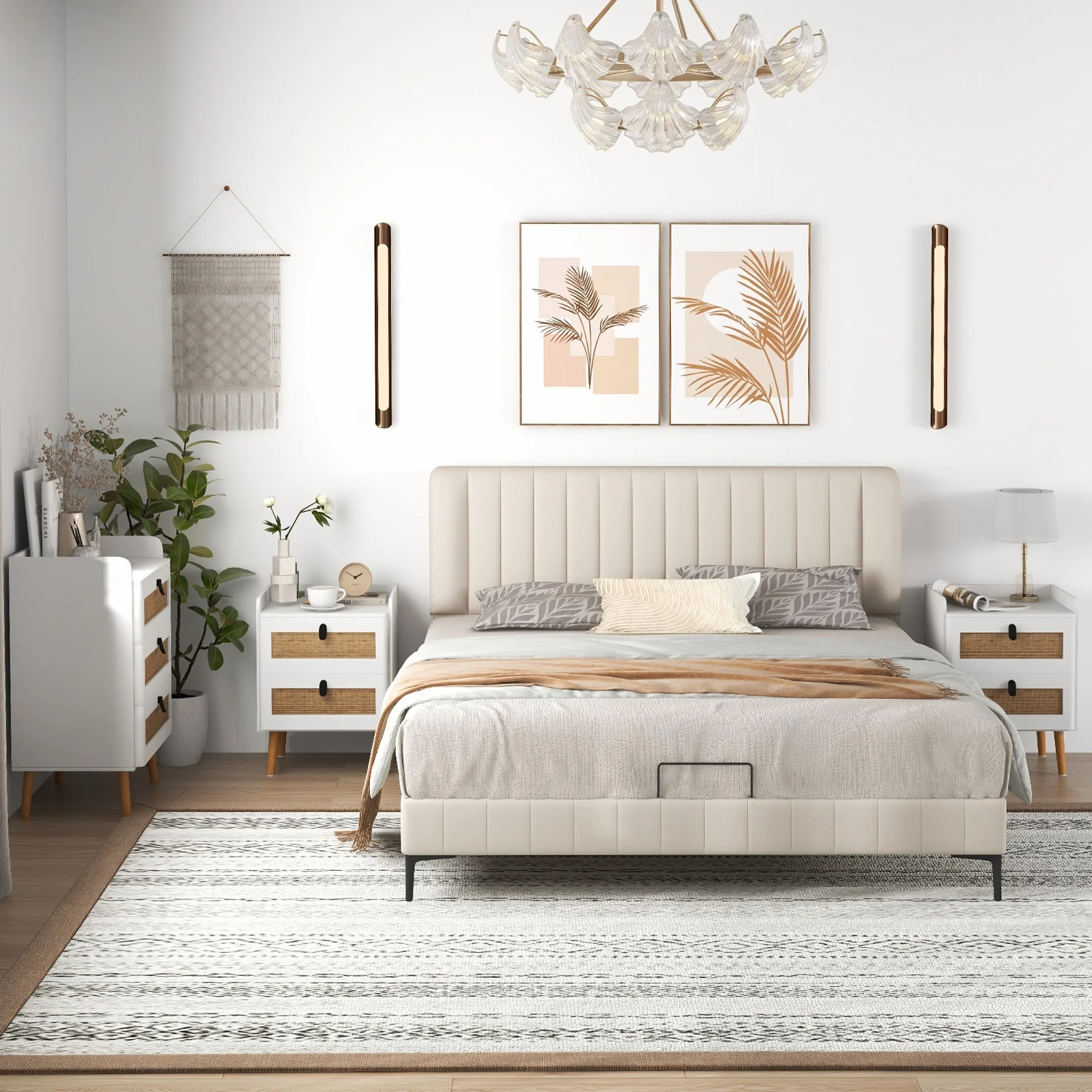 Modern End Table, 2 Rattan Drawers, White - Image 3