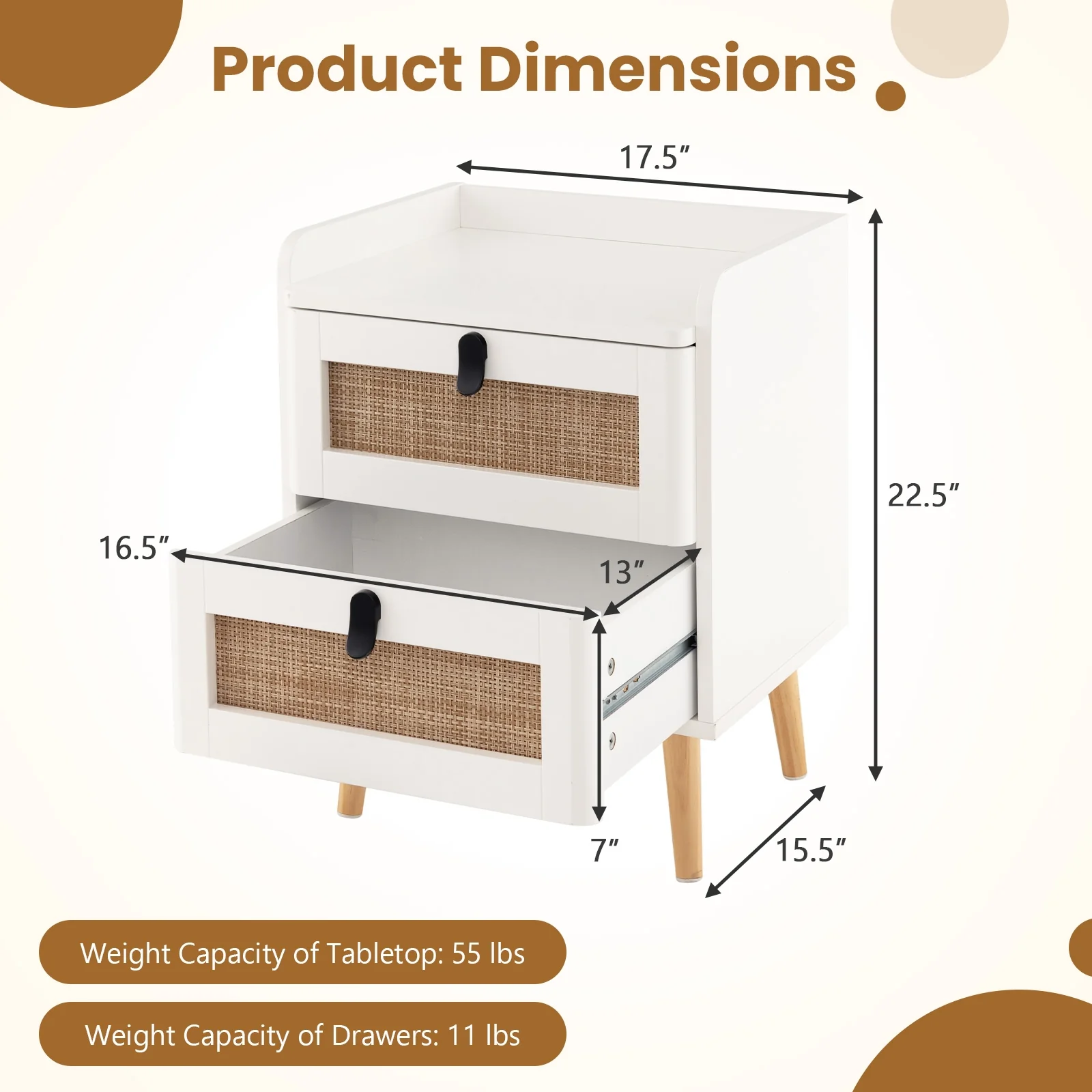 Modern End Table, 2 Rattan Drawers, White - Image 6