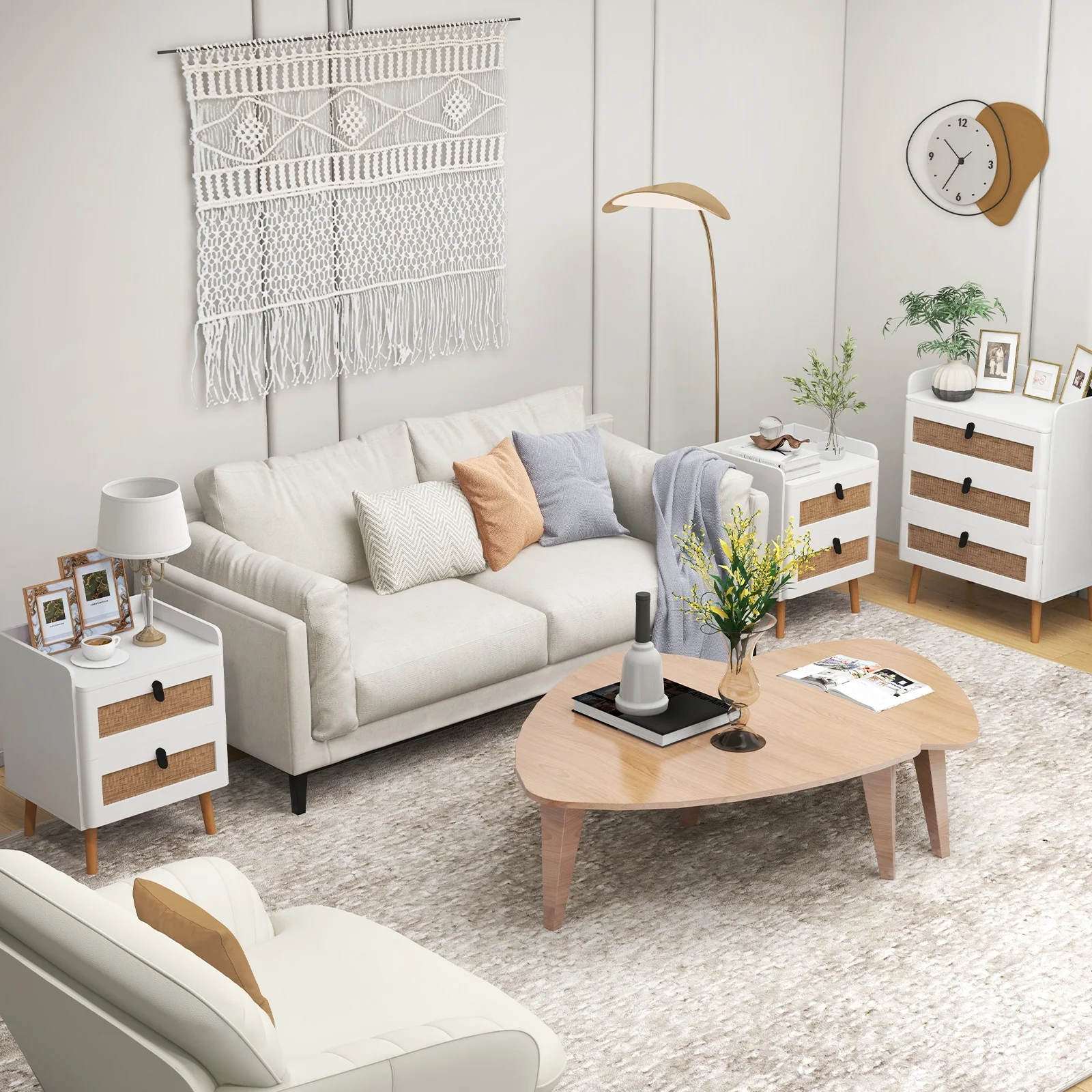 Modern End Table, 2 Rattan Drawers, White - Image 7