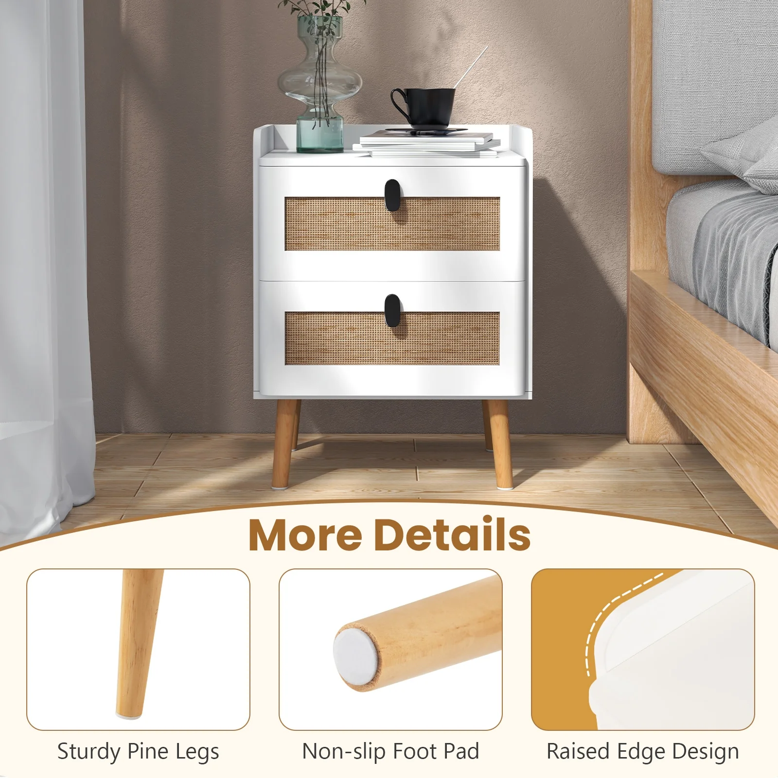Modern End Table, 2 Rattan Drawers, White - Image 8